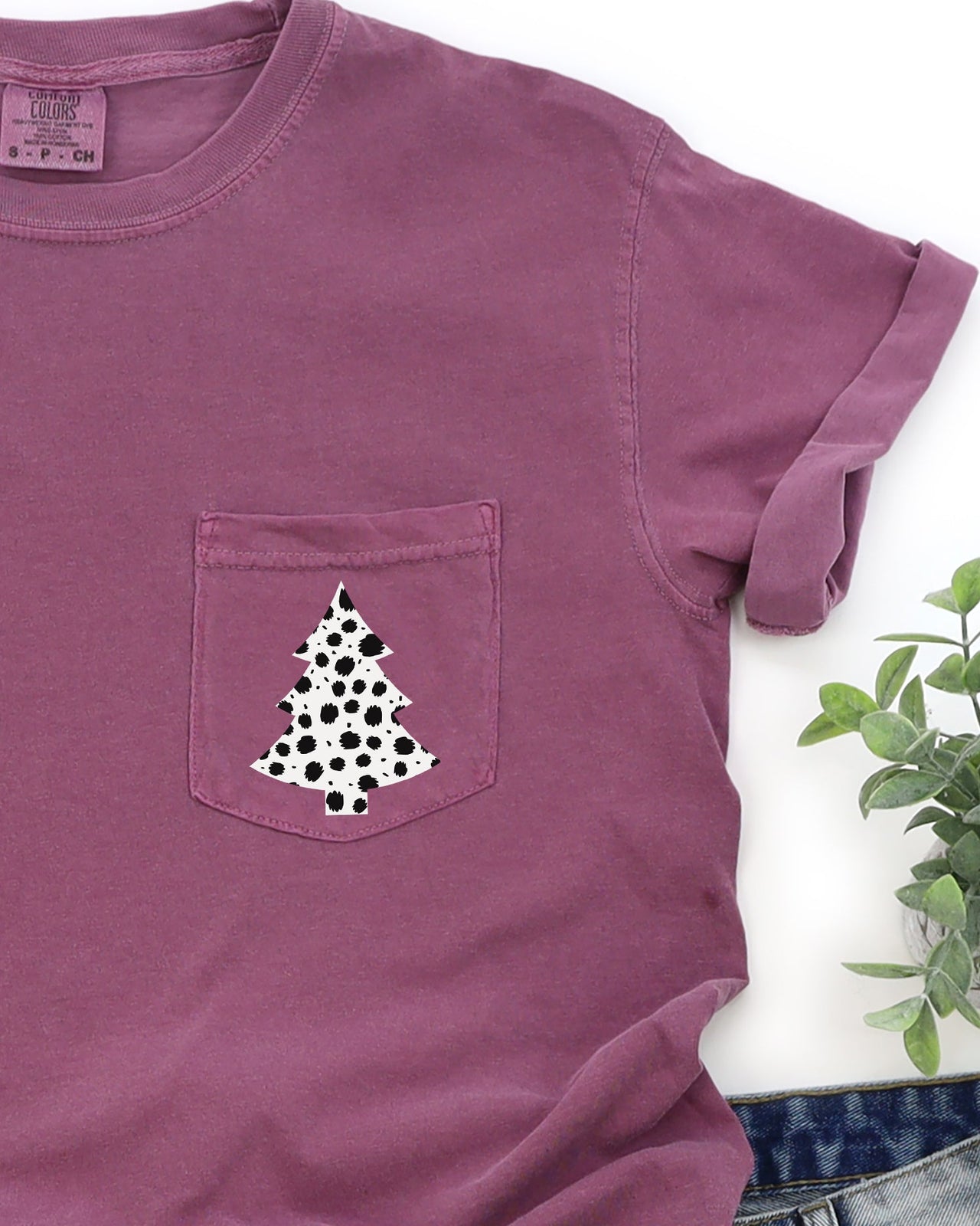 Dalmatian Santa Christmas Tree With Animal Print Pocket Snow Winter Scene Comfort Colors Tee