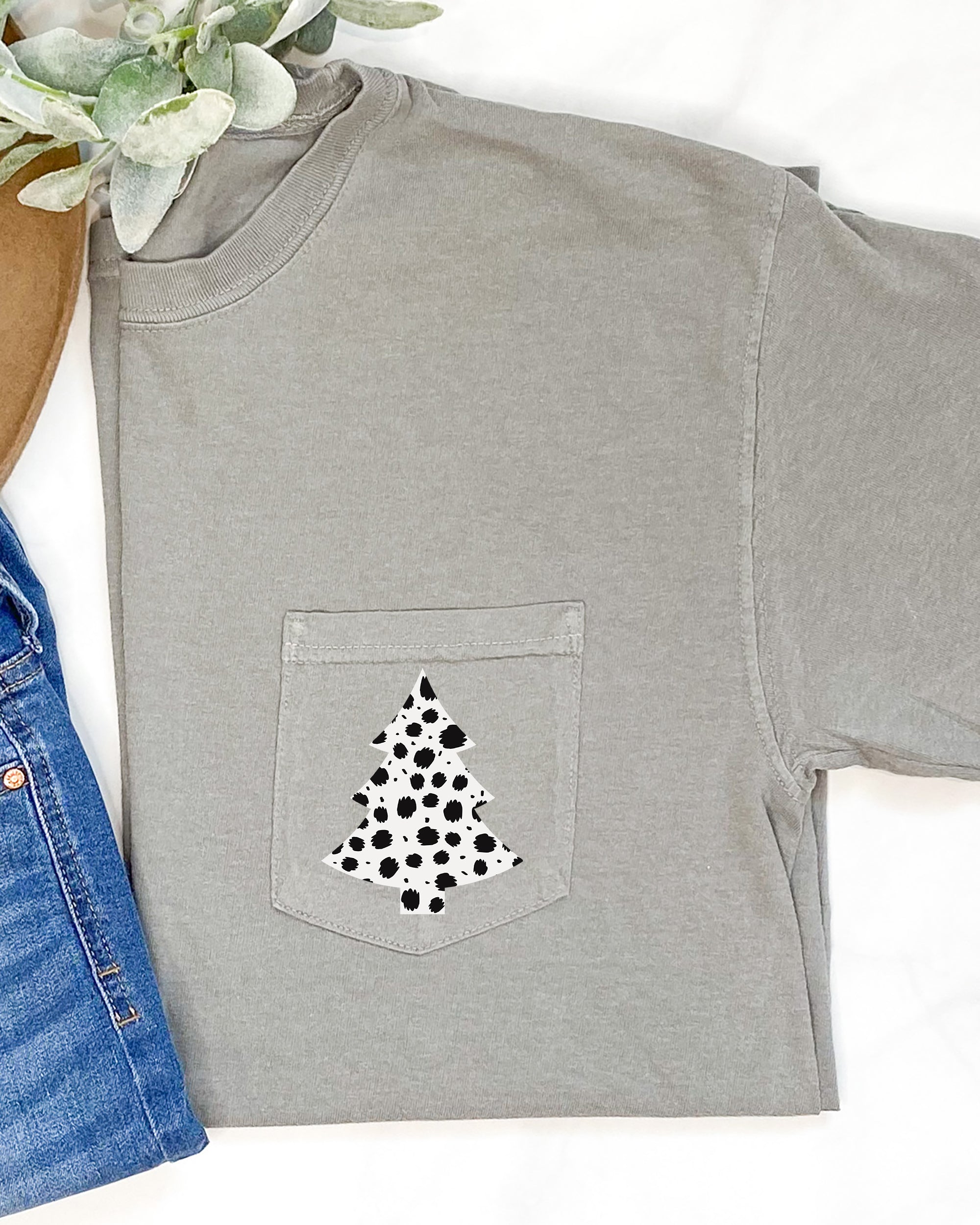 Dalmatian Santa Christmas Tree With Animal Print Pocket Snow Winter Scene Comfort Colors Tee