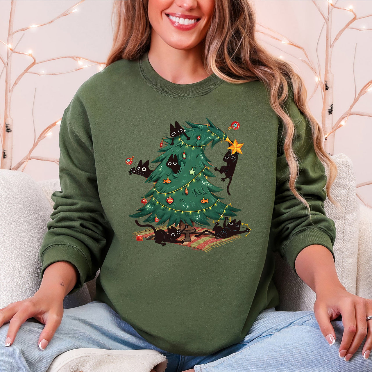 Christmas Tree Naughty Cats Santa Retro Holiday Cheer Design Graphic Vintage Sweatshirt