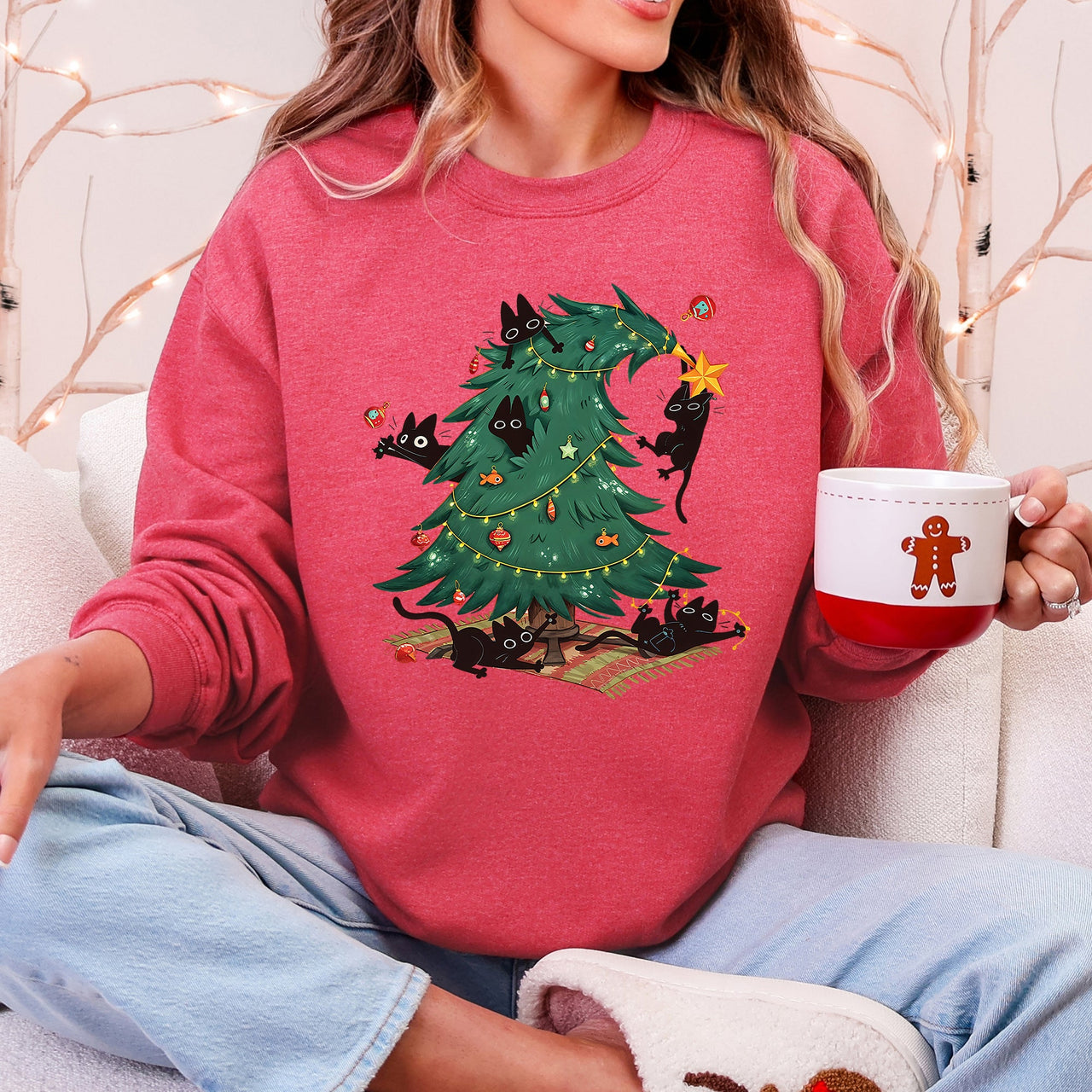 Christmas Tree Naughty Cats Santa Retro Holiday Cheer Design Graphic Vintage Sweatshirt