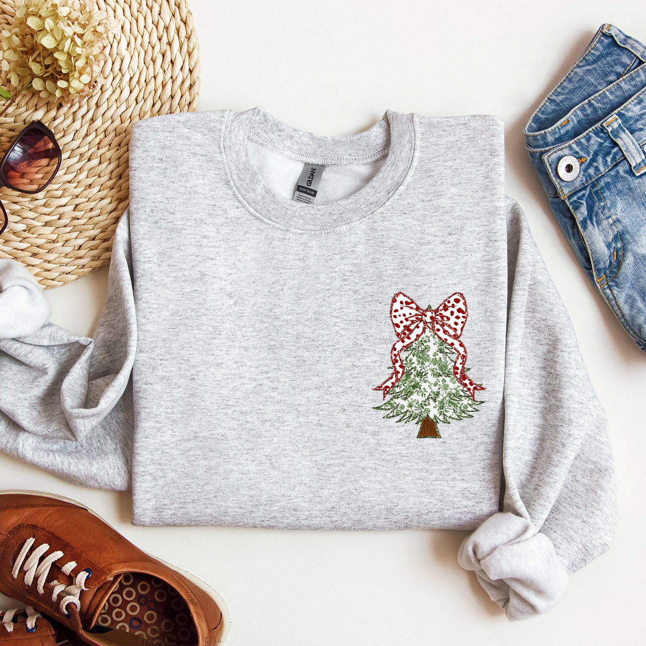 Christmas Tree Pocket Floral Coquette Ribbons Vintage Inspired Classic Season Winter Sweatshirt