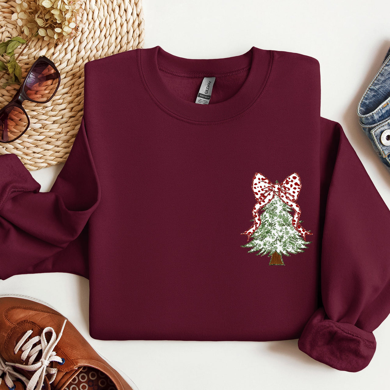 Christmas Tree Pocket Floral Coquette Ribbons Vintage Inspired Classic Season Winter Sweatshirt