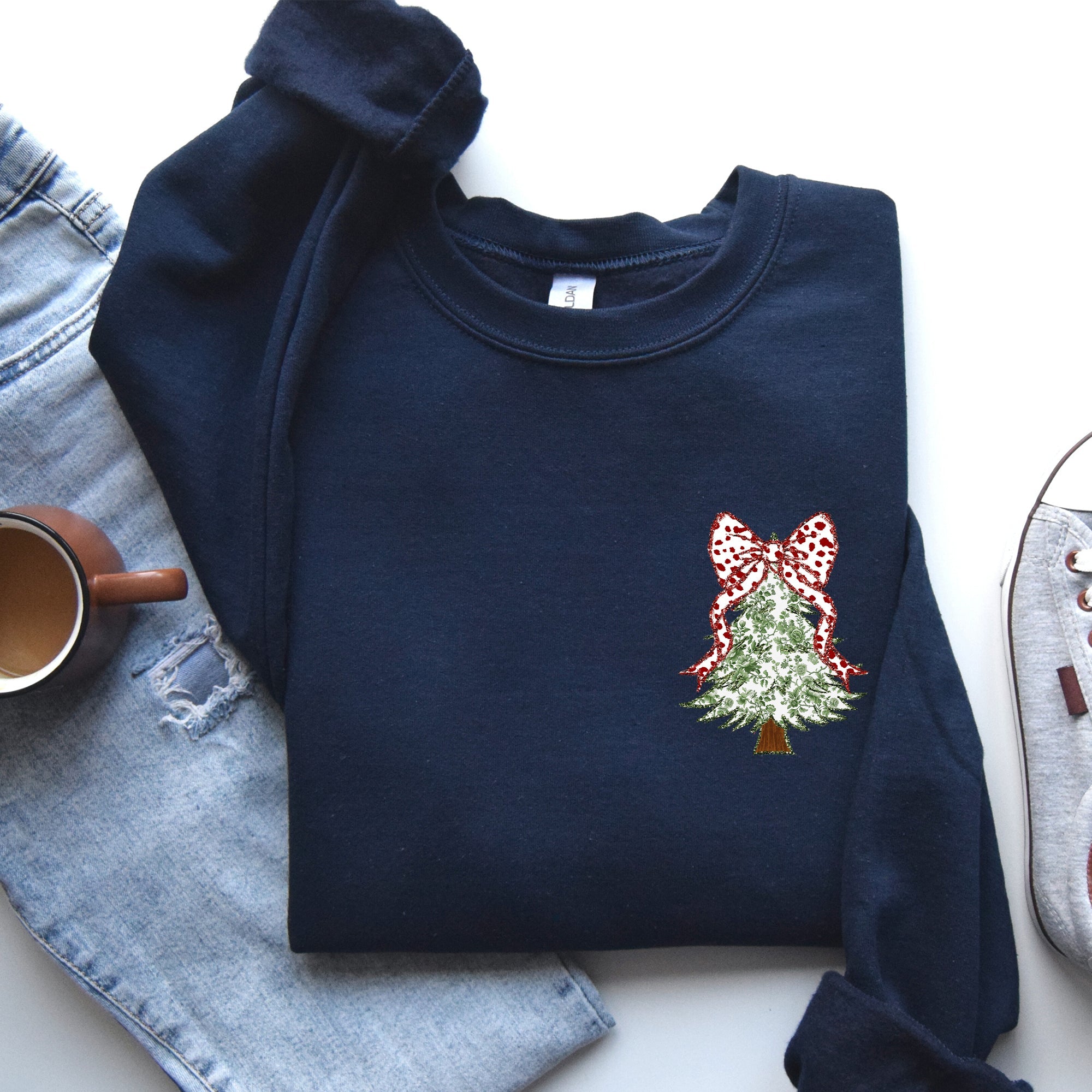 Christmas Tree Pocket Floral Coquette Ribbons Vintage Inspired Classic Season Winter Sweatshirt