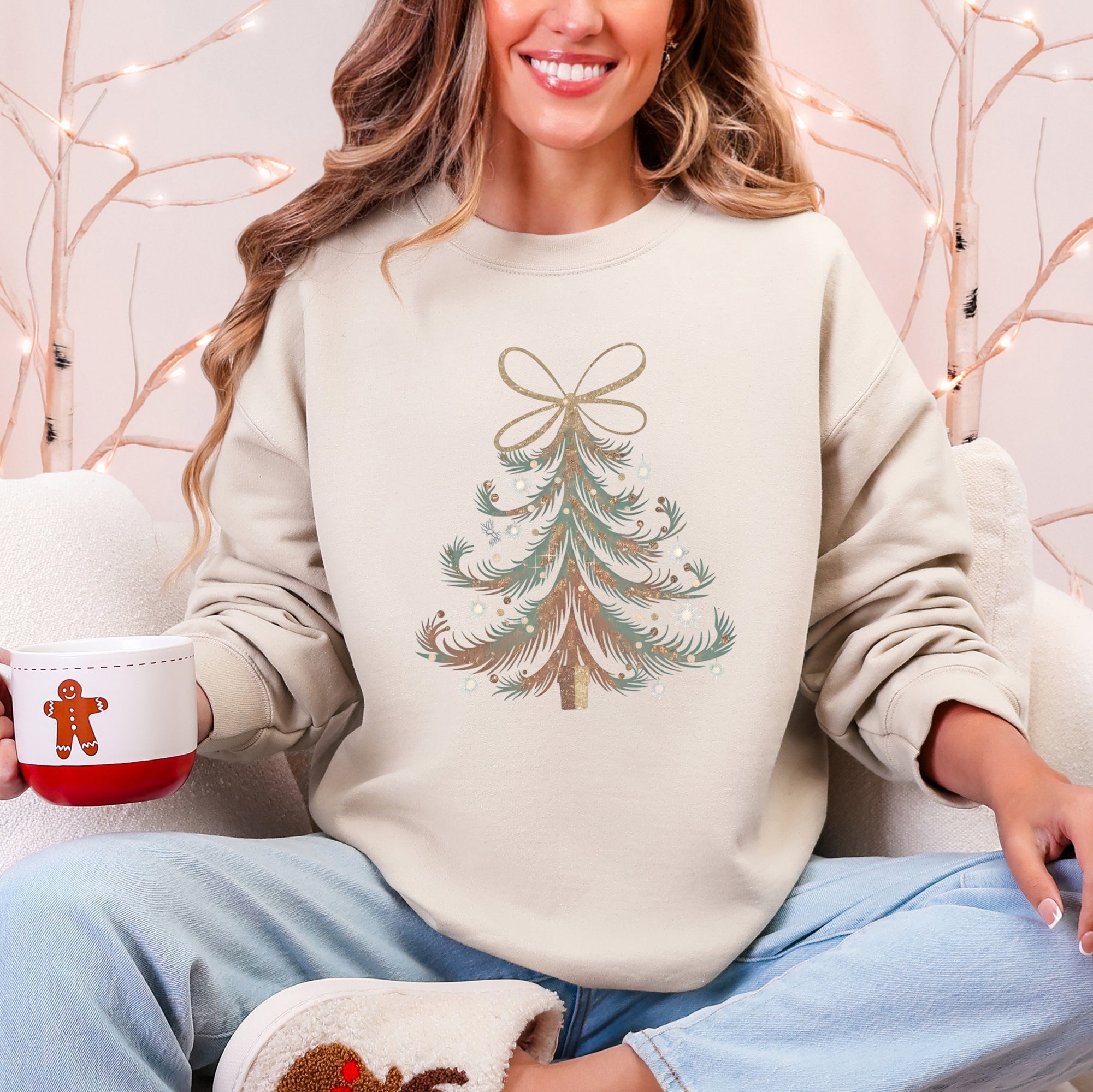 Christmas Tree Santa Vintage Elegant Ribbon And Bows Holiday Classic Cozy Sweatshirt