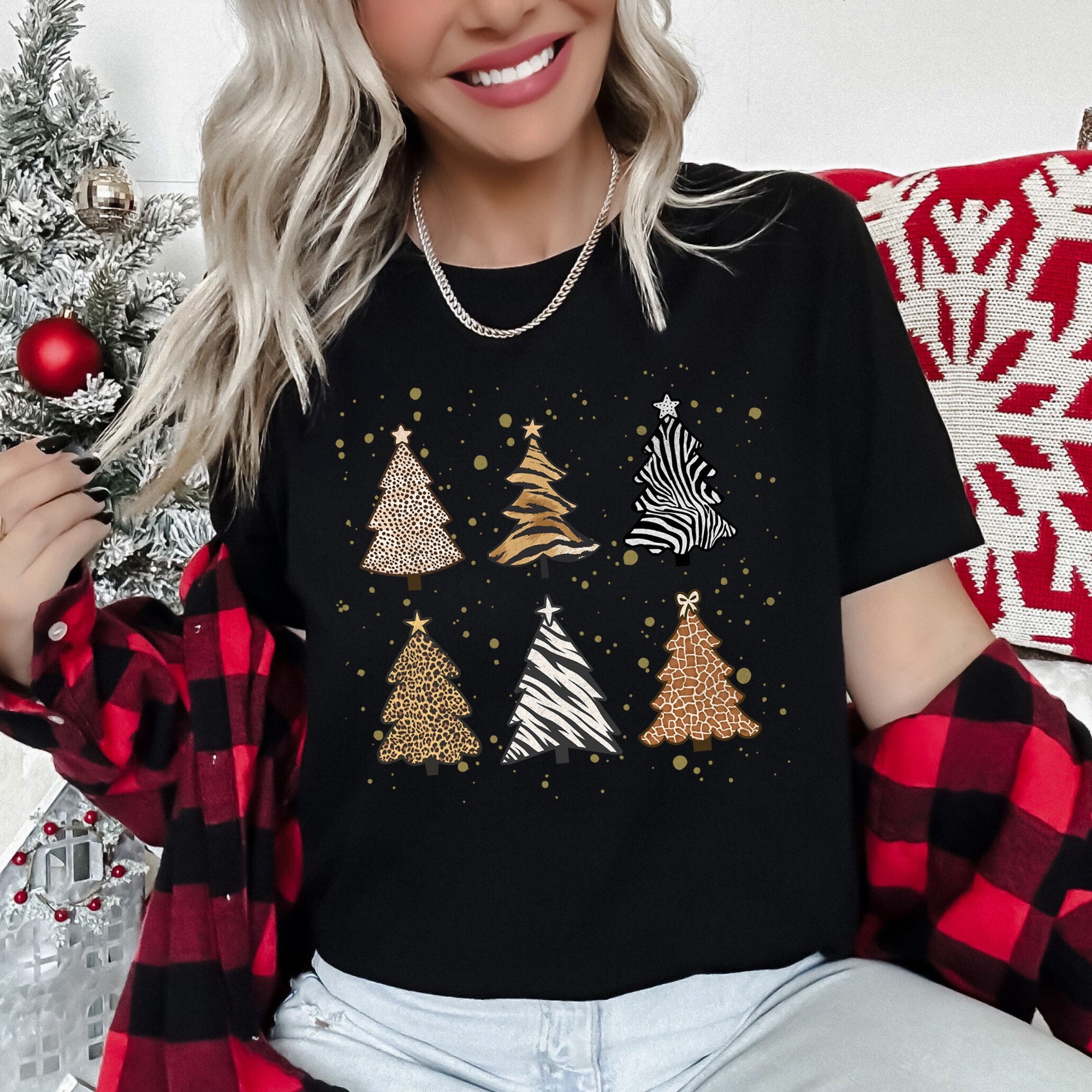 Christmas Trees Animal Print Leopard Zebra Tiger Retro Holiday Seasonal Graphic Tee