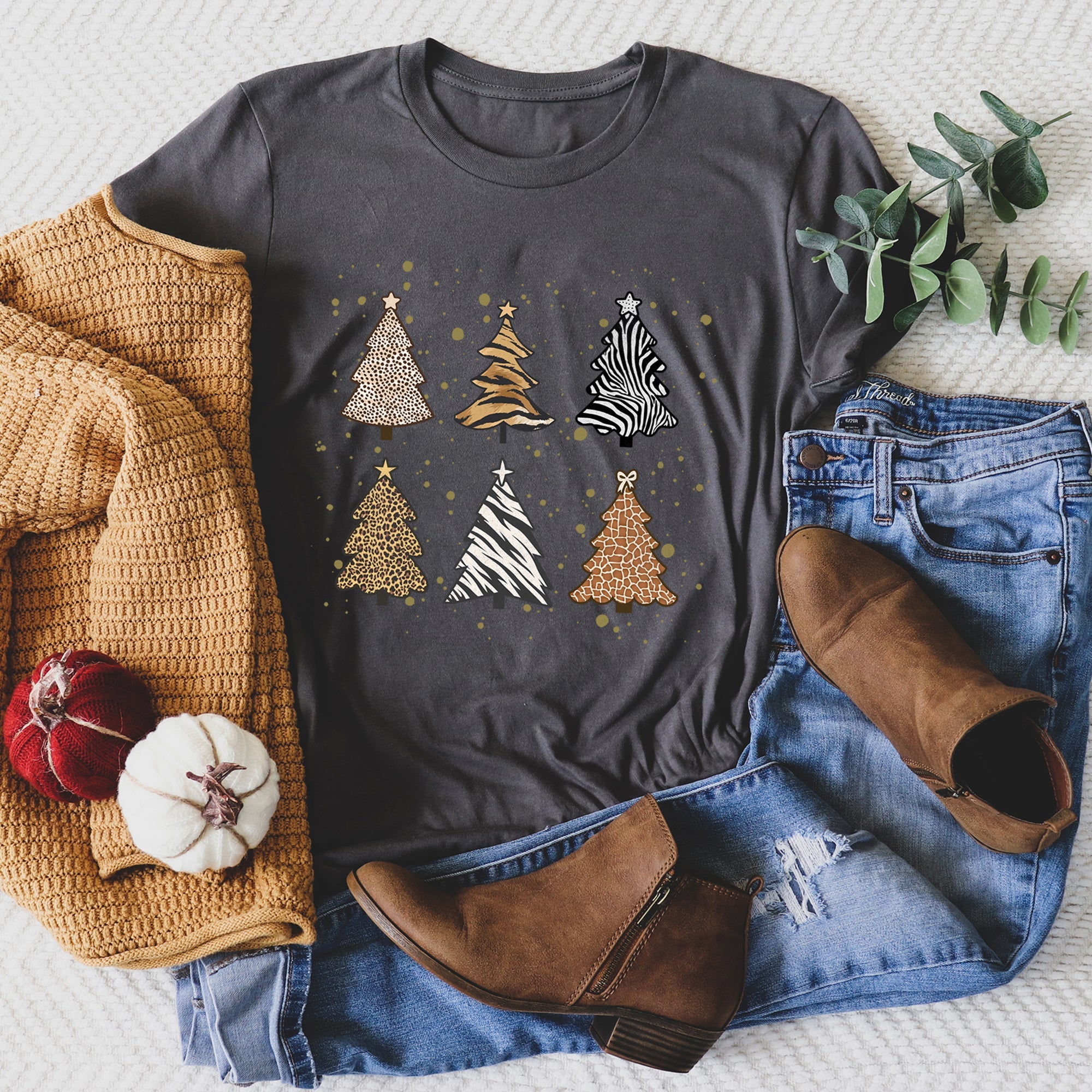 Christmas Trees Animal Print Leopard Zebra Tiger Retro Holiday Seasonal Graphic Tee