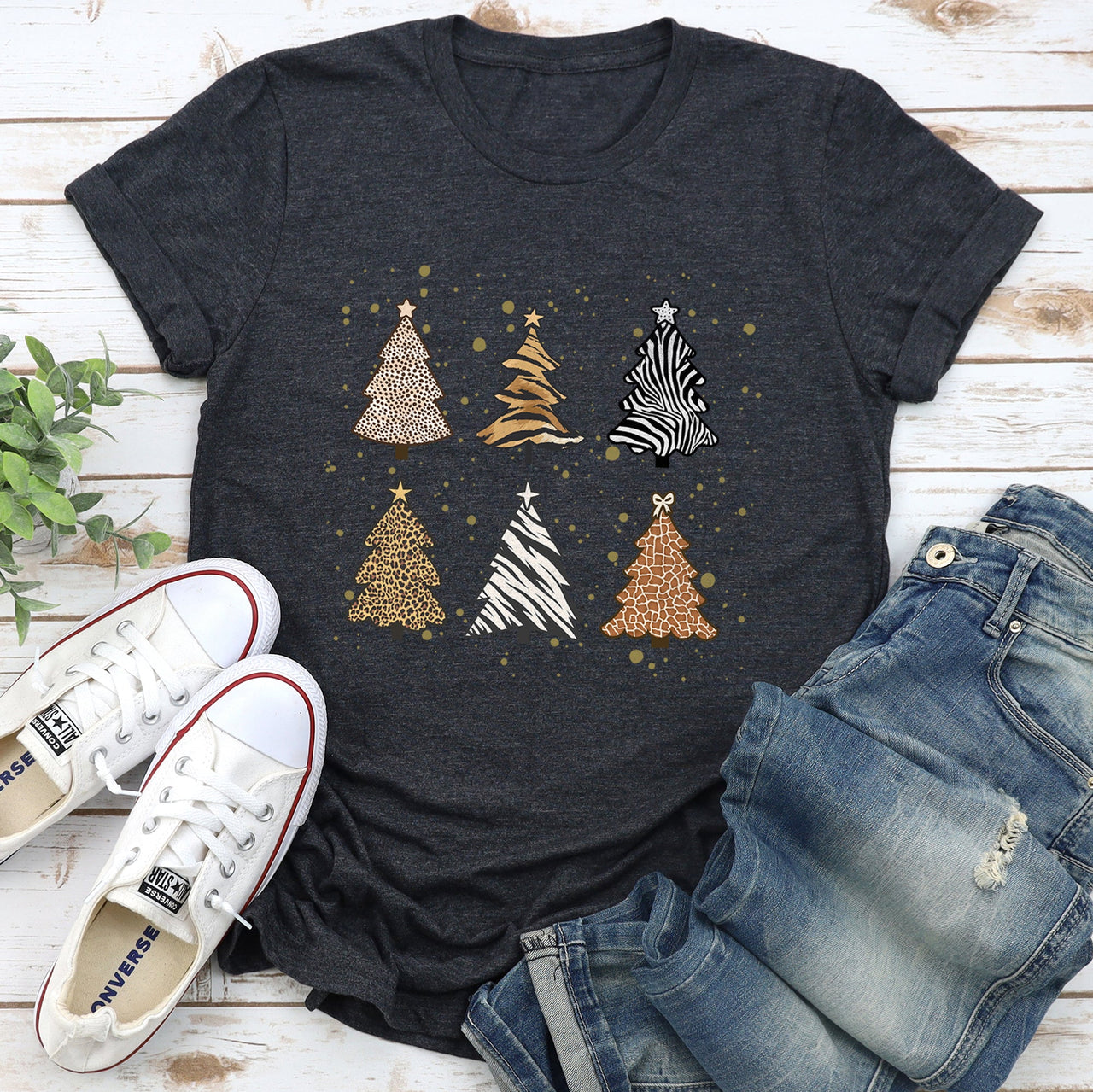 Christmas Trees Animal Print Leopard Zebra Tiger Retro Holiday Seasonal Graphic Tee