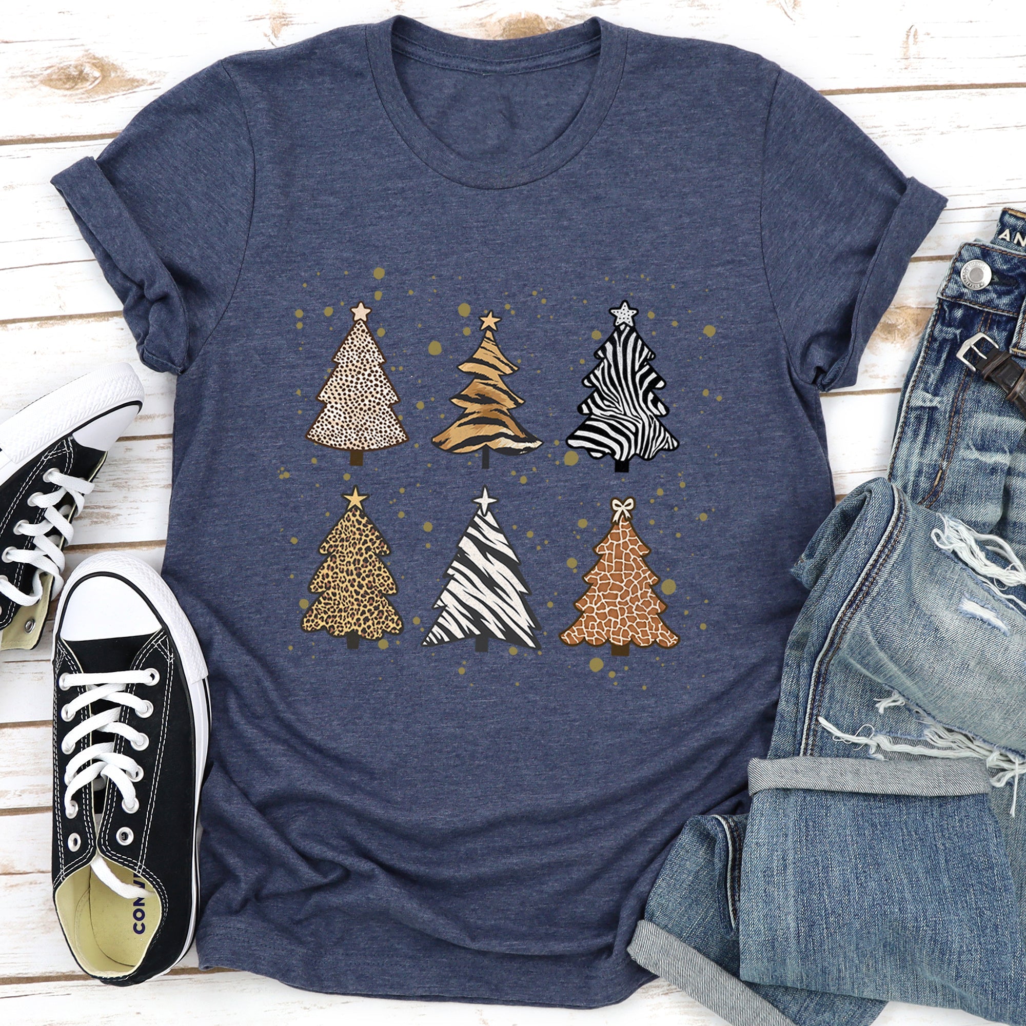 Christmas Trees Animal Print Leopard Zebra Tiger Retro Holiday Seasonal Graphic Tee