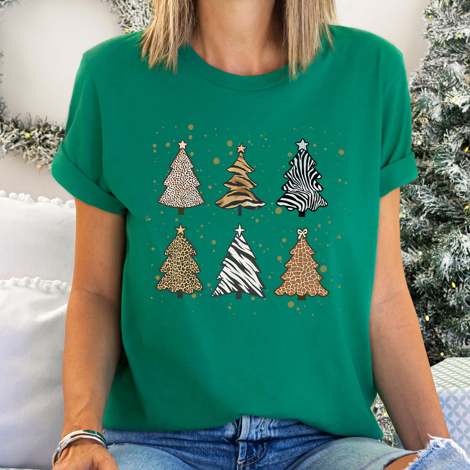 Christmas Trees Animal Print Leopard Zebra Tiger Retro Holiday Seasonal Graphic Tee
