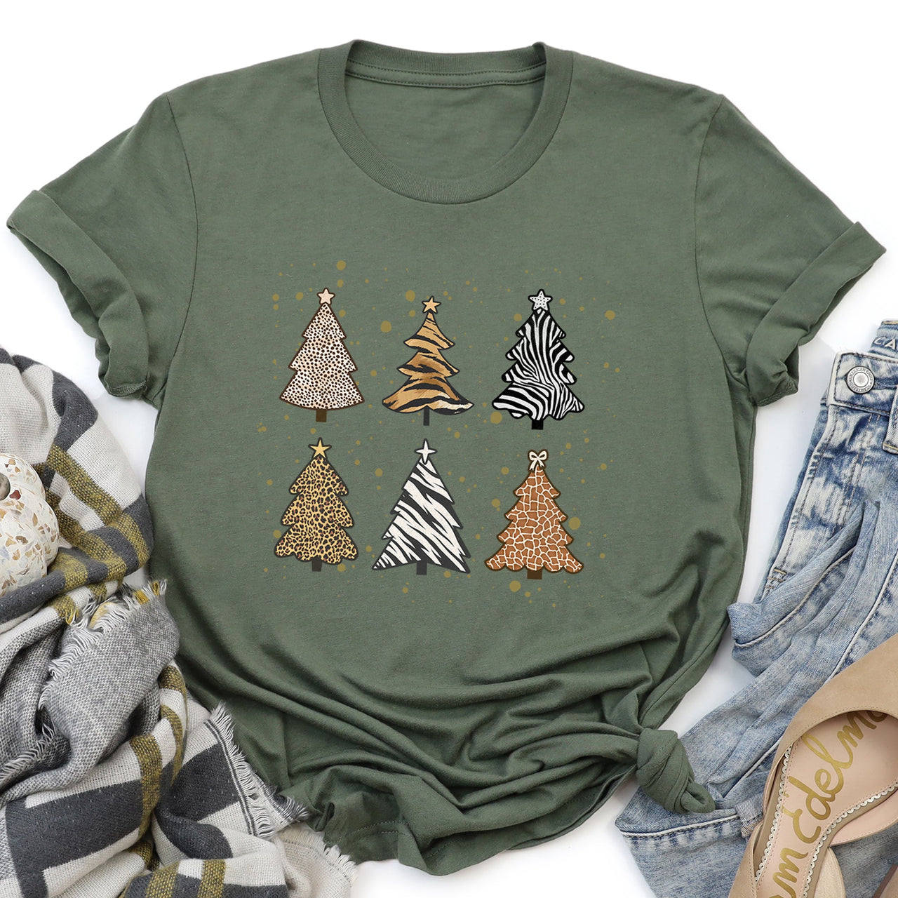 Christmas Trees Animal Print Leopard Zebra Tiger Retro Holiday Seasonal Graphic Tee