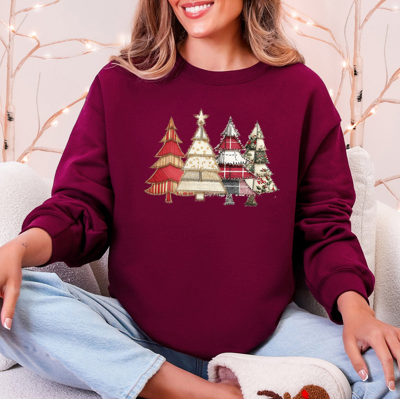 Christmas Trees, Faux Quilt, Santa Festive Holiday Scene Vintage Cozy Winter Sweatshirt
