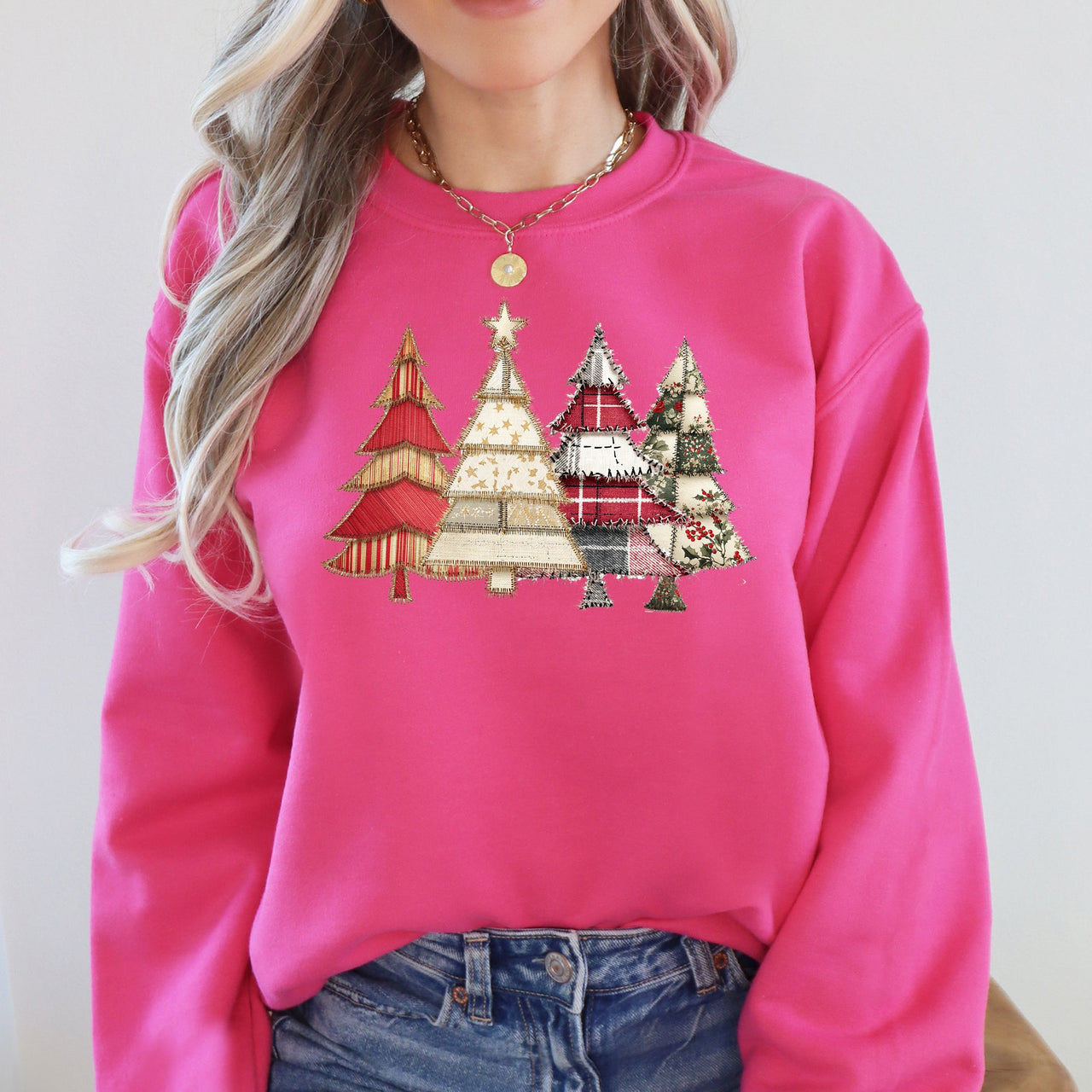 Christmas Trees, Faux Quilt, Santa Festive Holiday Scene Vintage Cozy Winter Sweatshirt