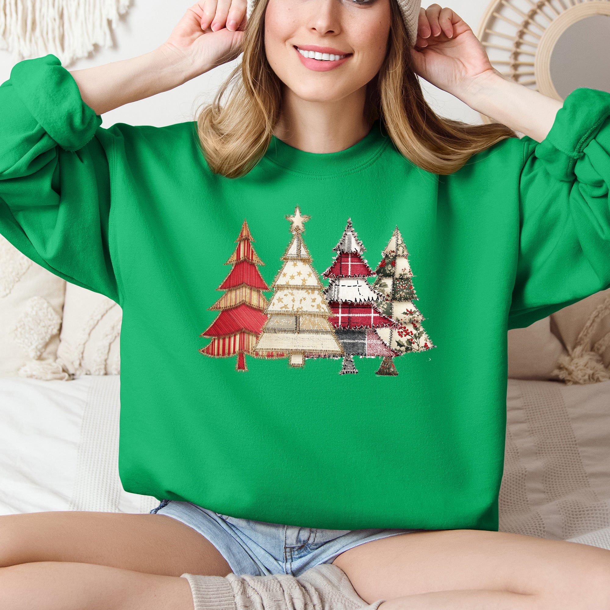 Christmas Trees, Faux Quilt, Santa Festive Holiday Scene Vintage Cozy Winter Sweatshirt