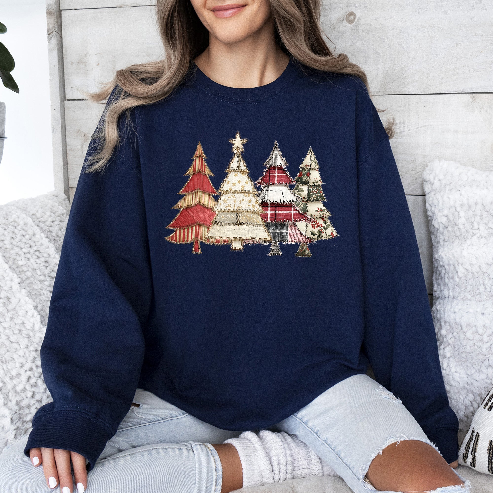 Christmas Trees, Faux Quilt, Santa Festive Holiday Scene Vintage Cozy Winter Sweatshirt