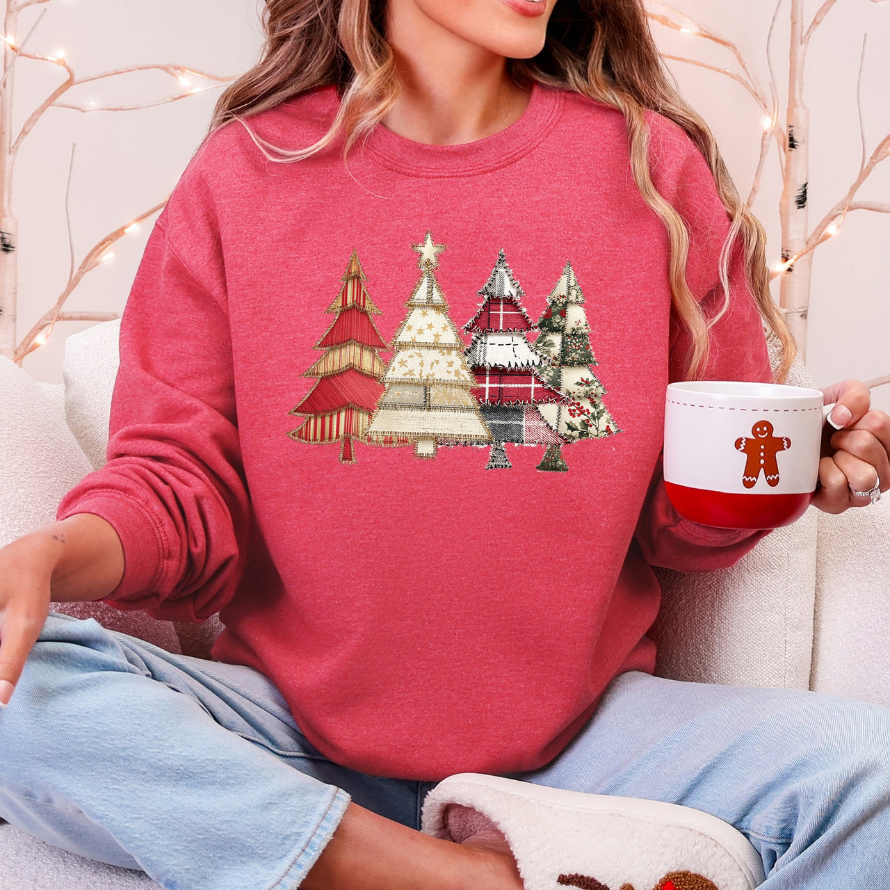 Christmas Trees, Faux Quilt, Santa Festive Holiday Scene Vintage Cozy Winter Sweatshirt