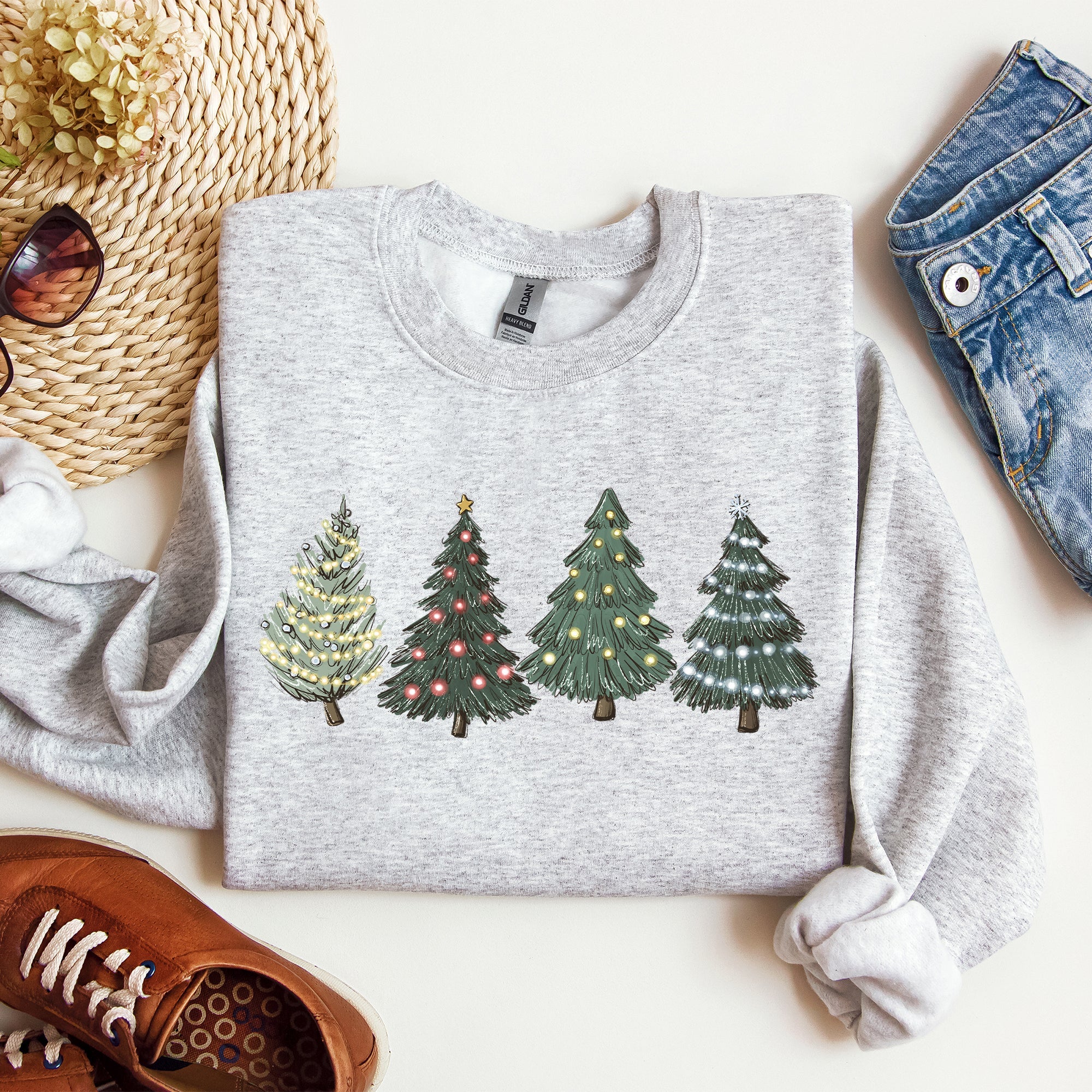 Christmas Trees Winter Snow Santa Festive Cozy Warm Holiday Scene With Twinkling Lights And Ornaments Sweatshirt