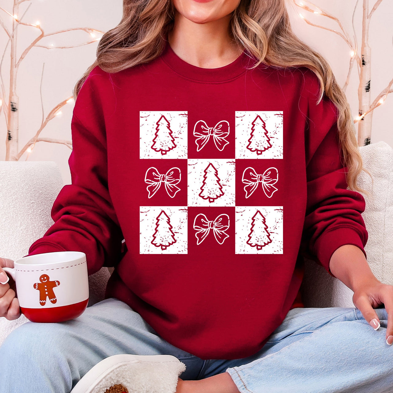 Christmas Geese Retro Cozy Winter Checkered Bows Tree Pattern Vintage Sweatshirt