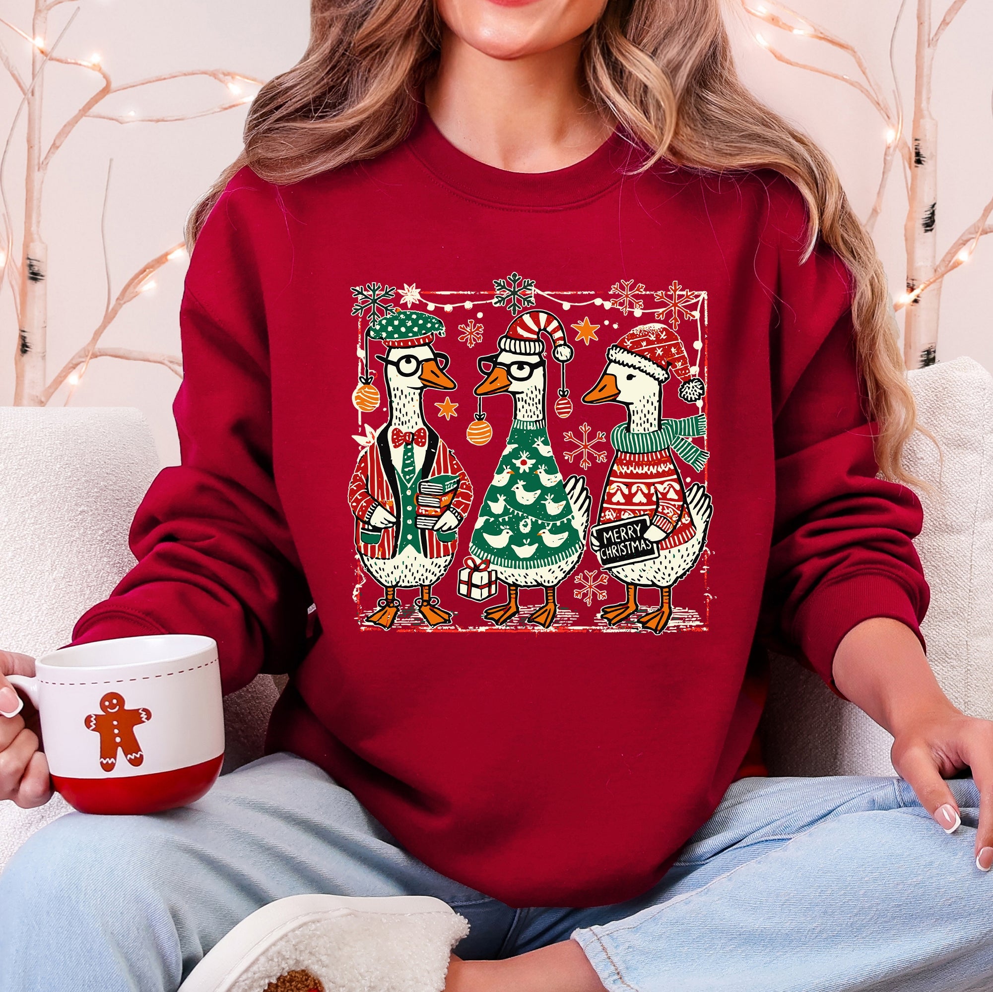 Christmas Geese Festive Holiday Illustration Vintage Retro Cozy Winter Scene Sweatshirt