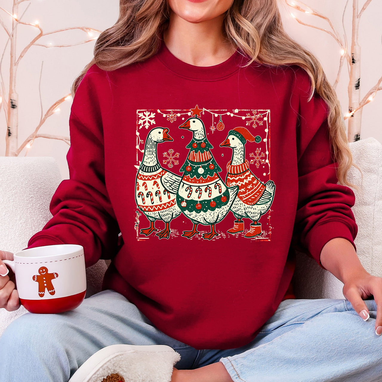 Christmas Geese Retro Festive Holiday Cheer Geese Pattern With Rustic Nordic Elements Sweatshirt