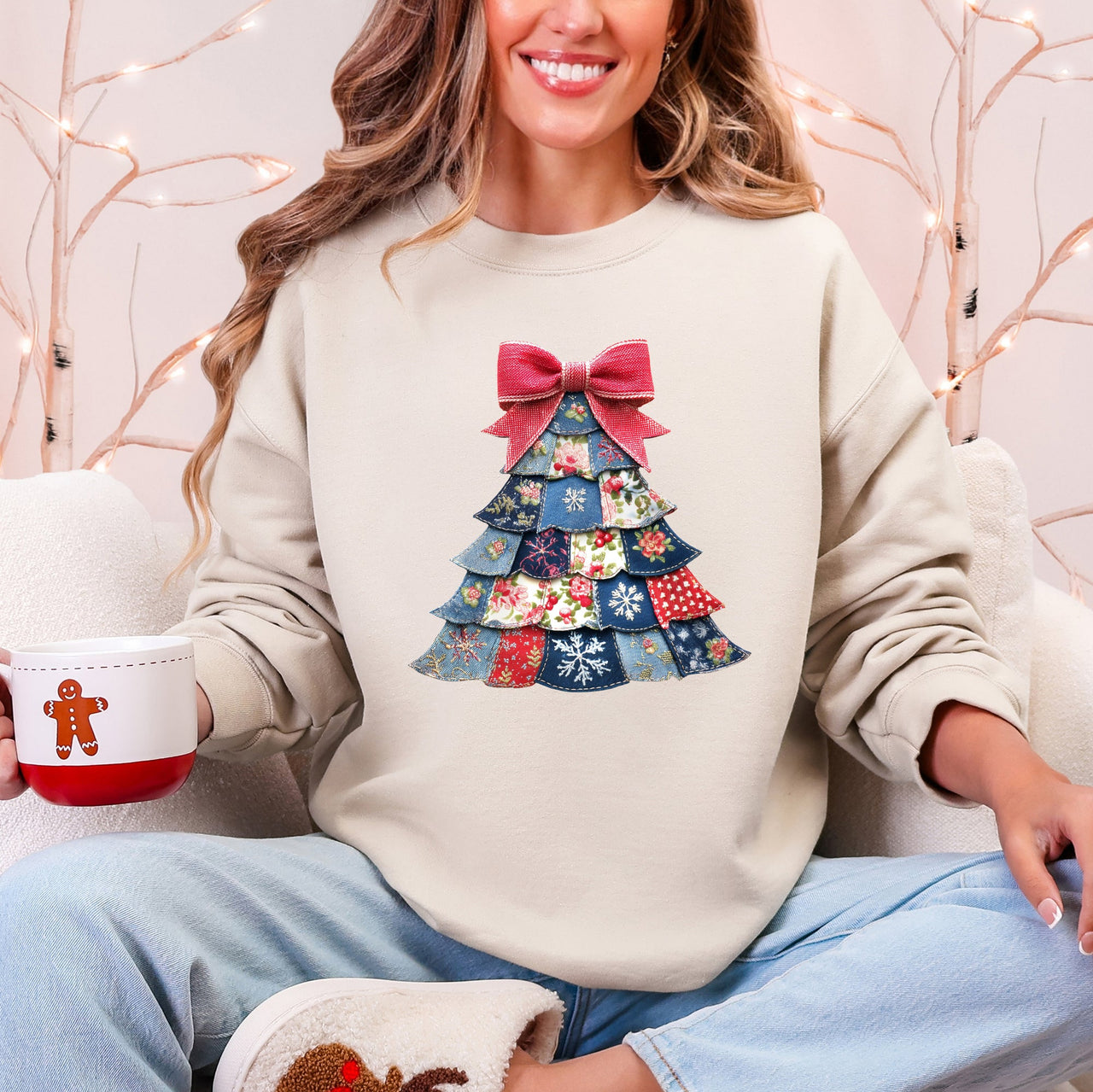 Christmas Geese Retro Santa Sewing Faux Quilt Cozy Festive Graphic Holiday Sweatshirt