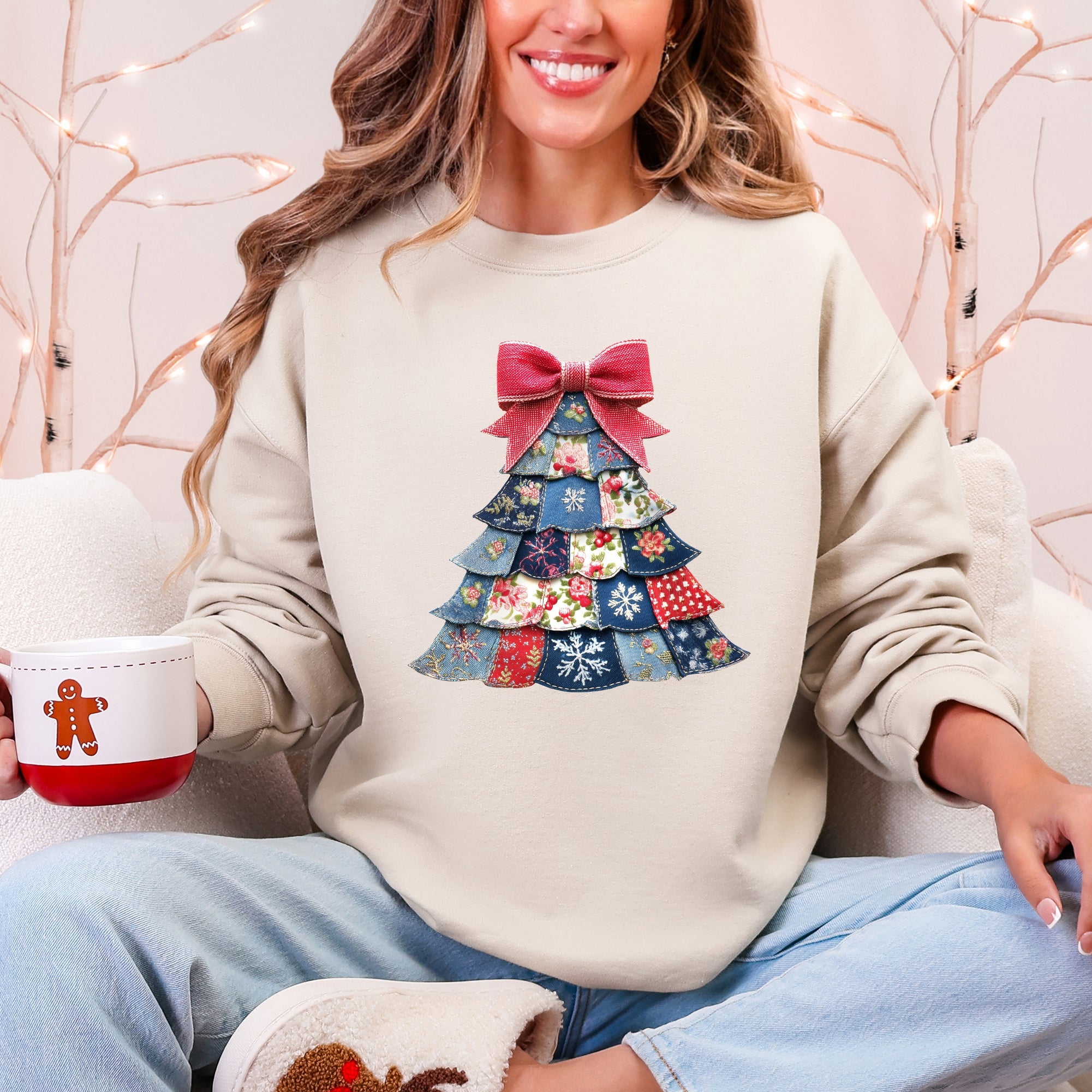Christmas Geese Retro Santa Sewing Faux Quilt Cozy Festive Graphic Holiday Sweatshirt