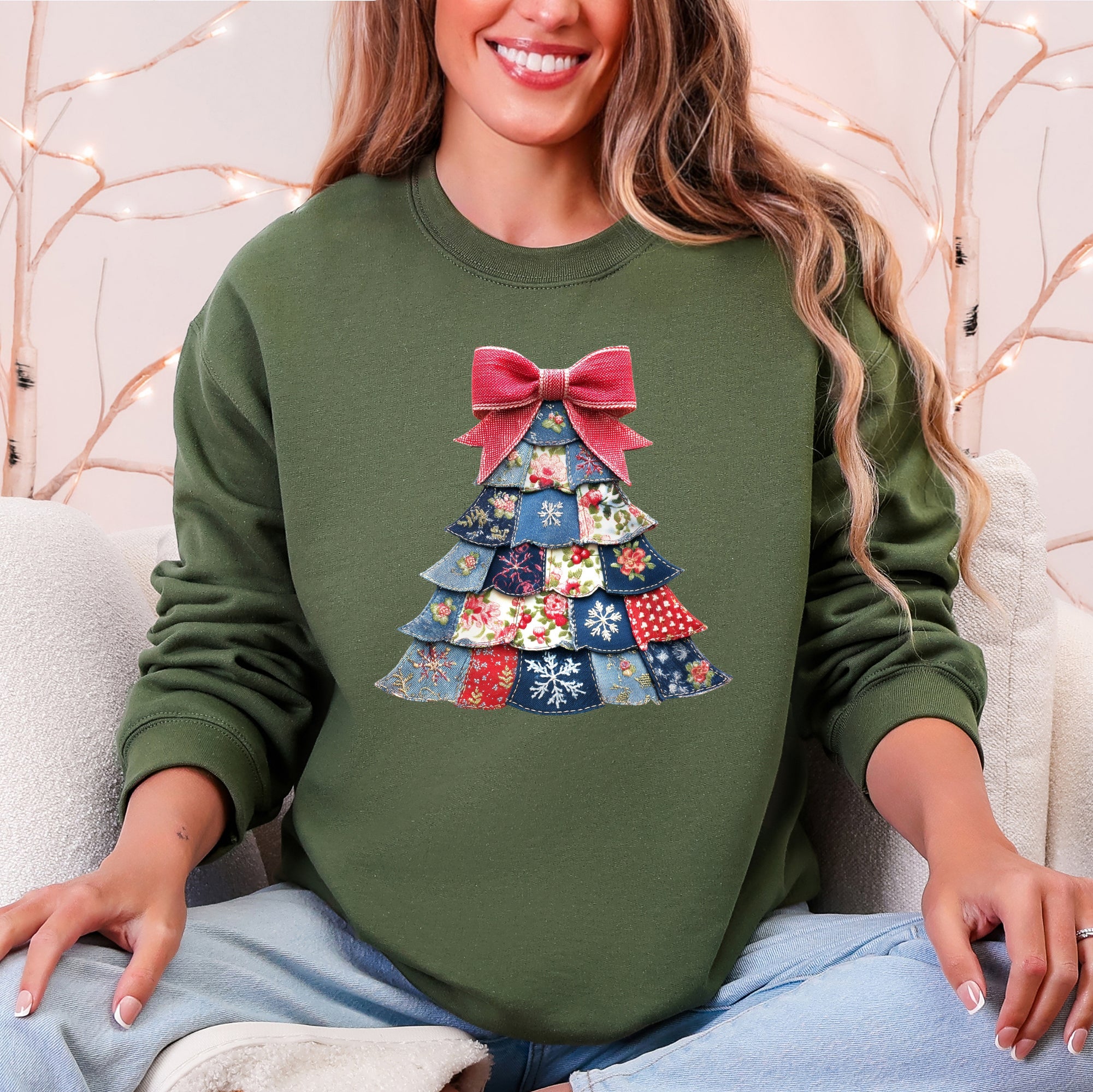 Christmas Geese Retro Santa Sewing Faux Quilt Cozy Festive Graphic Holiday Sweatshirt