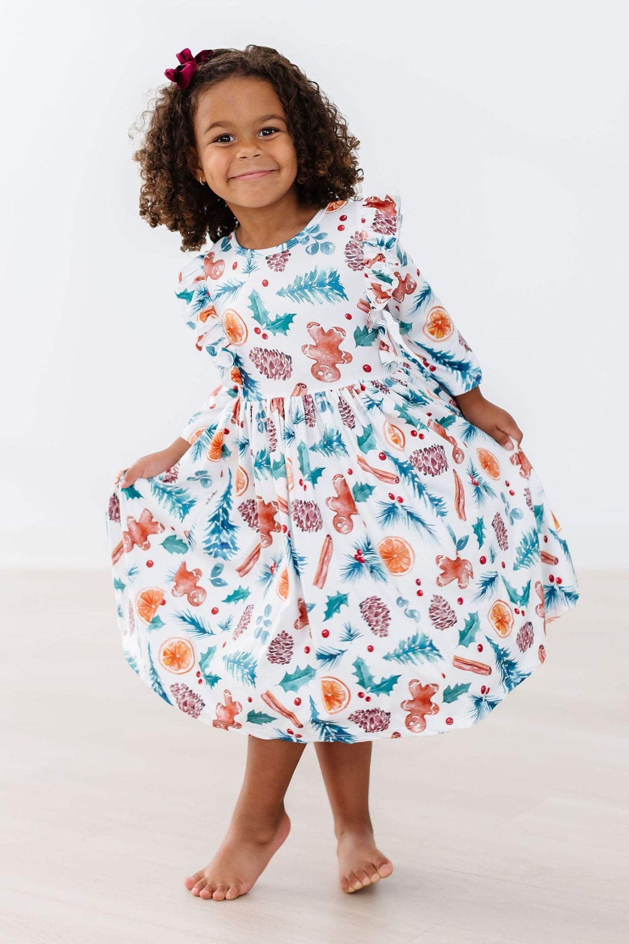 Classic Christmas 3/4 Sleeve Ruffle Twirl Dress