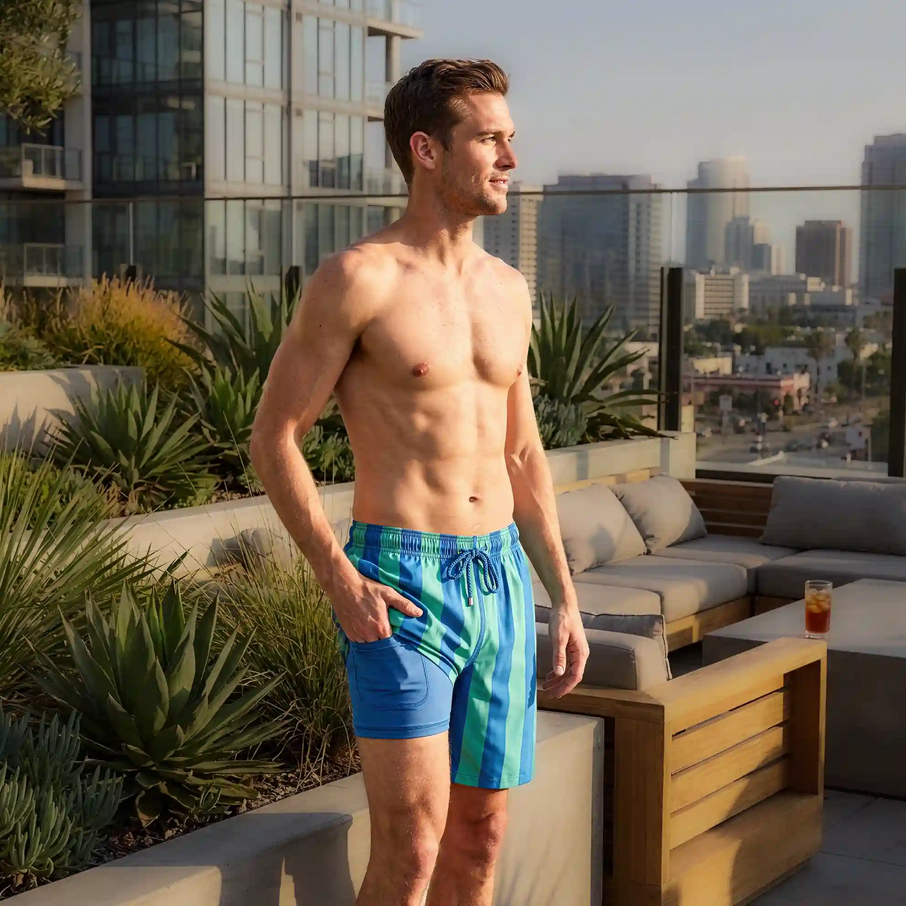 Men’s Premium Compression-Lined Hybrid Shorts – Coastal Cabana - Ocean and Palm