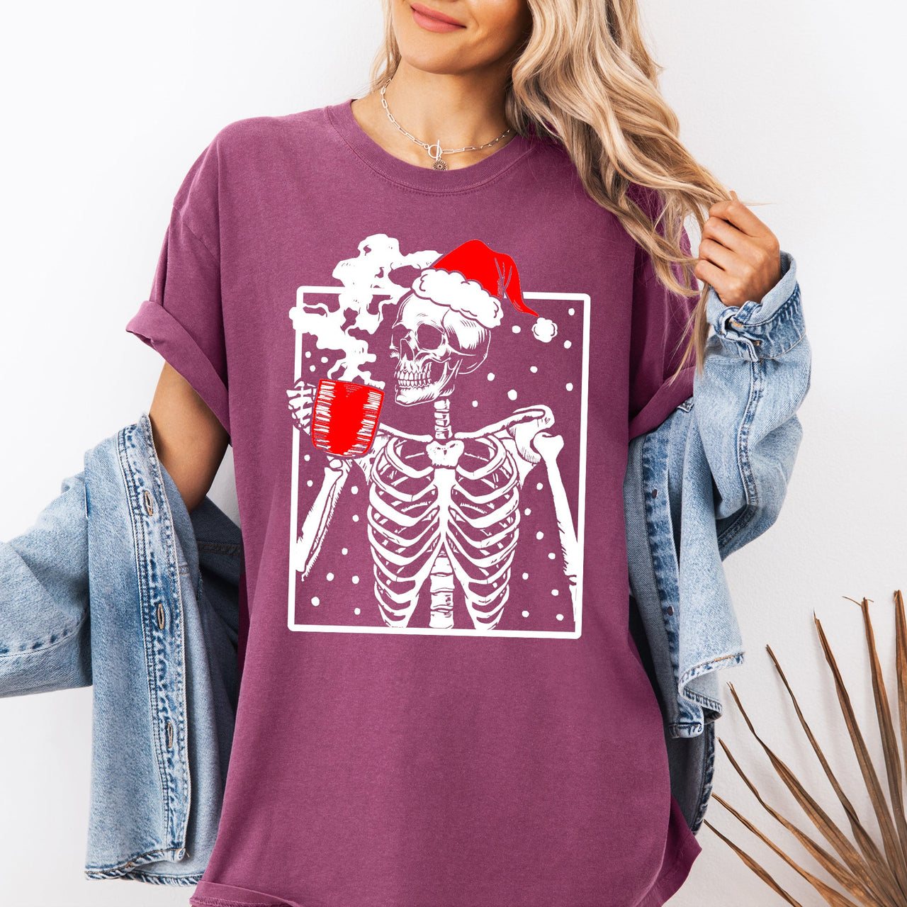 Coffee Lover Santa Skeleton Christmas Snow Winter Holiday Scene Comfort Colors Tee