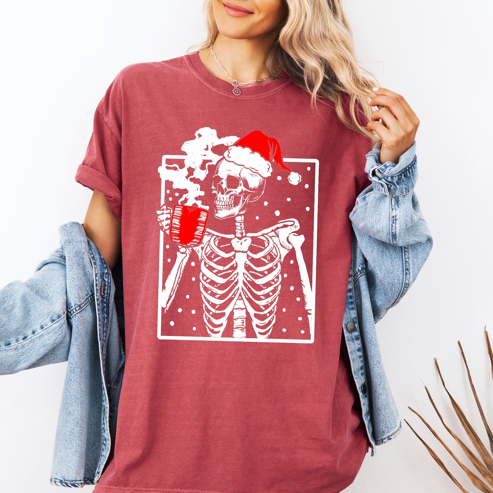 Coffee Lover Santa Skeleton Christmas Snow Winter Holiday Scene Comfort Colors Tee