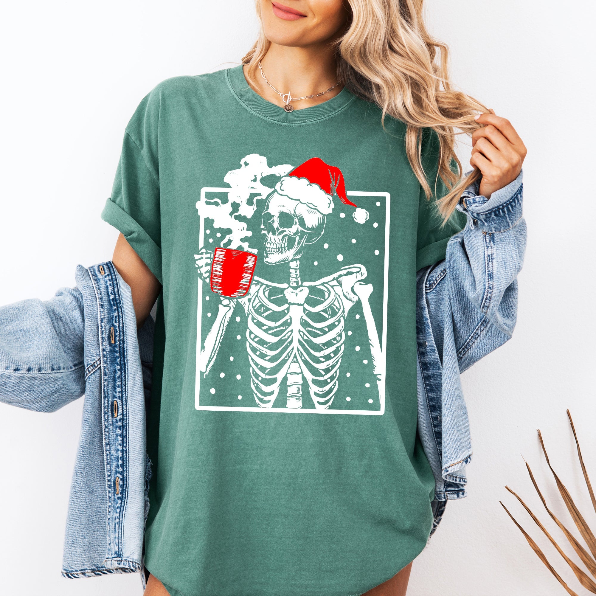 Coffee Lover Santa Skeleton Christmas Snow Winter Holiday Scene Comfort Colors Tee