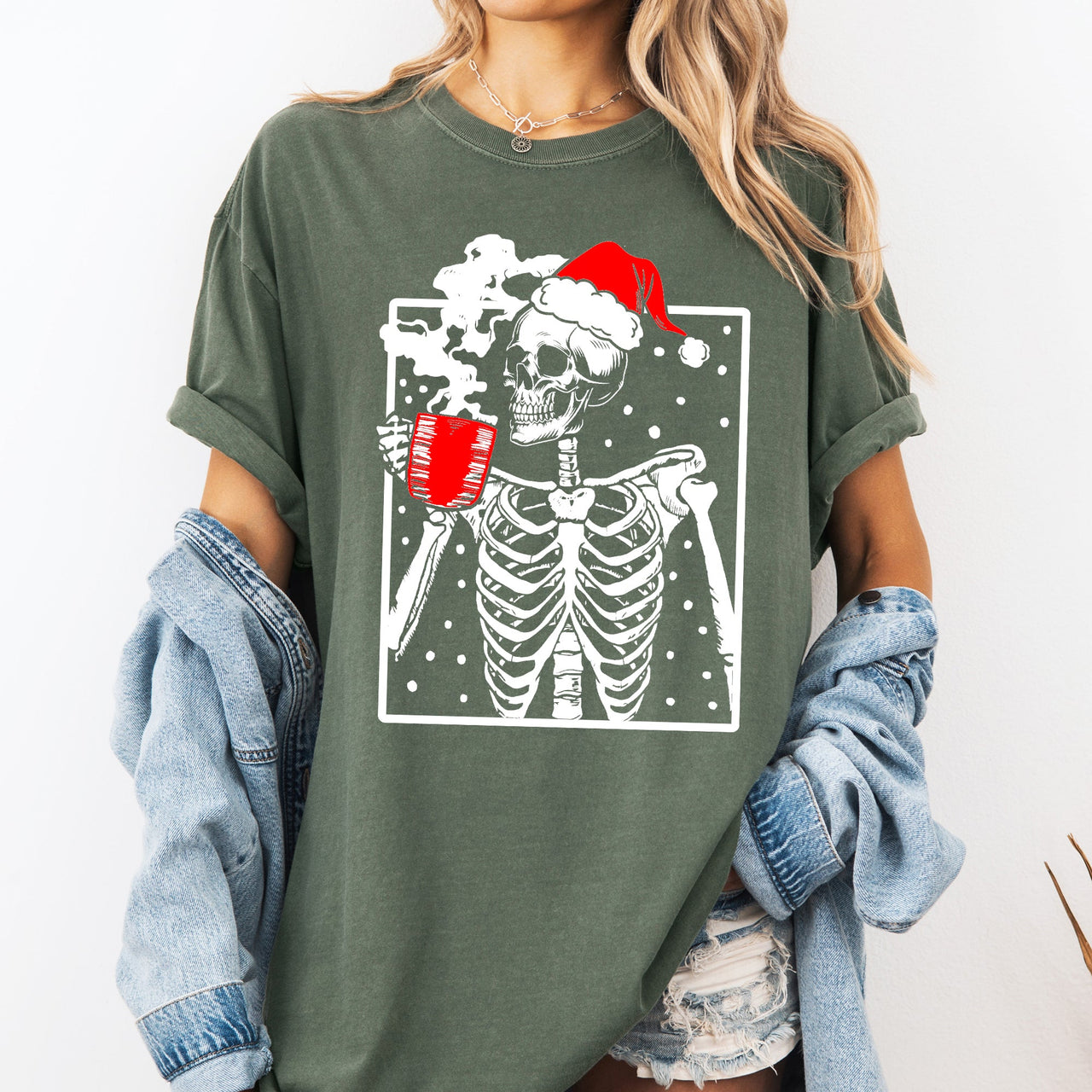Coffee Lover Santa Skeleton Christmas Snow Winter Holiday Scene Comfort Colors Tee