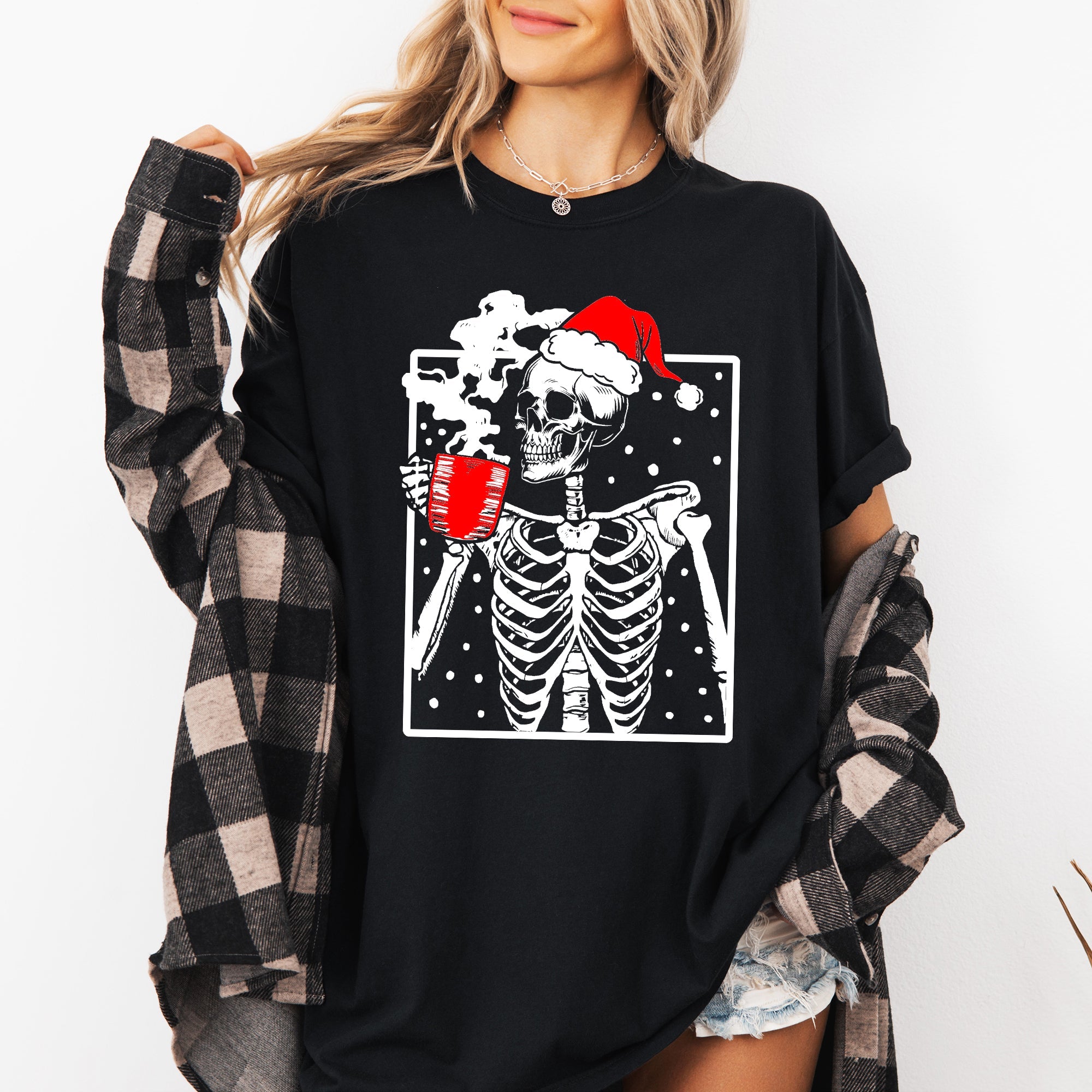 Coffee Lover Santa Skeleton Christmas Snow Winter Holiday Scene Comfort Colors Tee