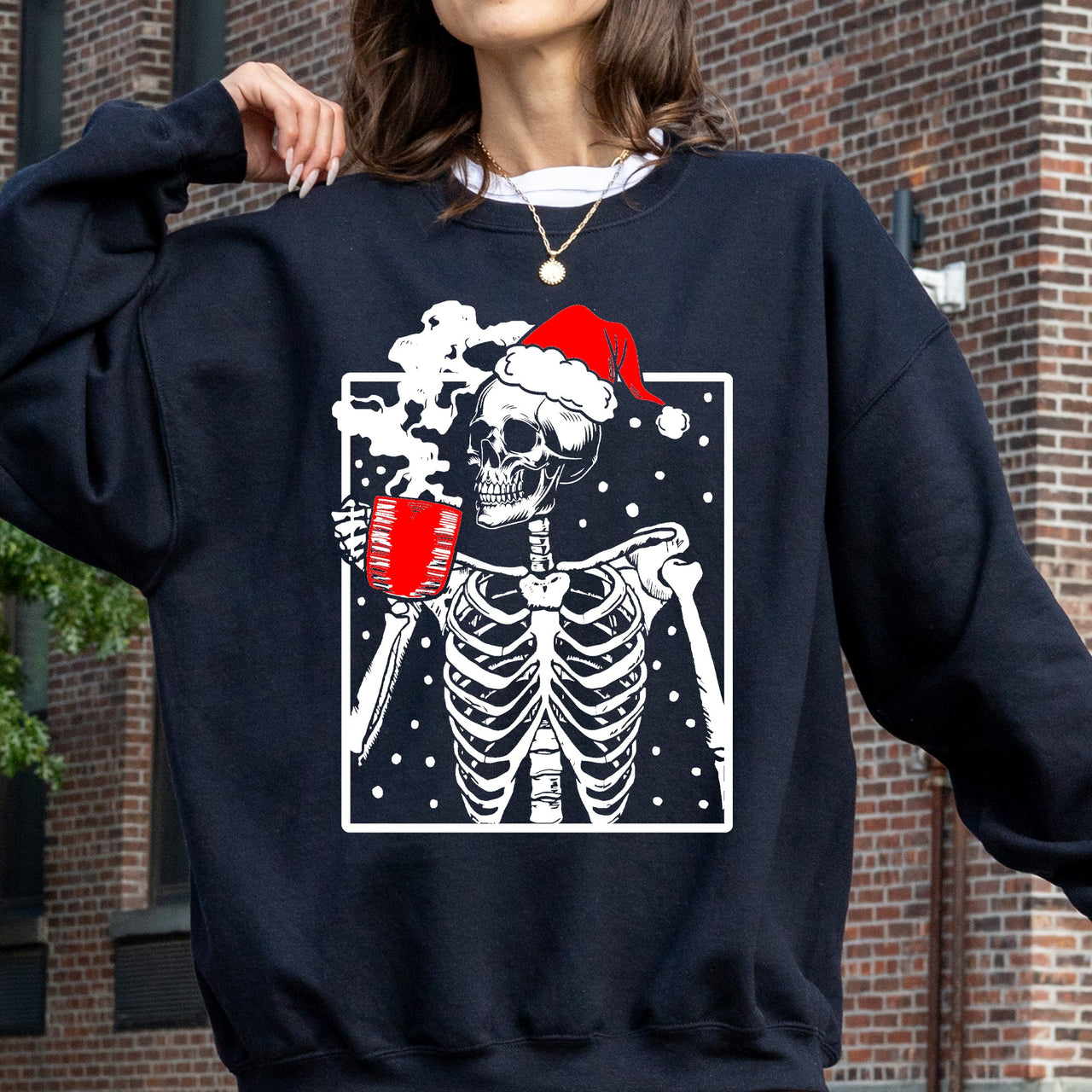 Coffee Lover Santa Skeleton Christmas Snow Winter Xmas Festive Latte Edition Sweatshirt