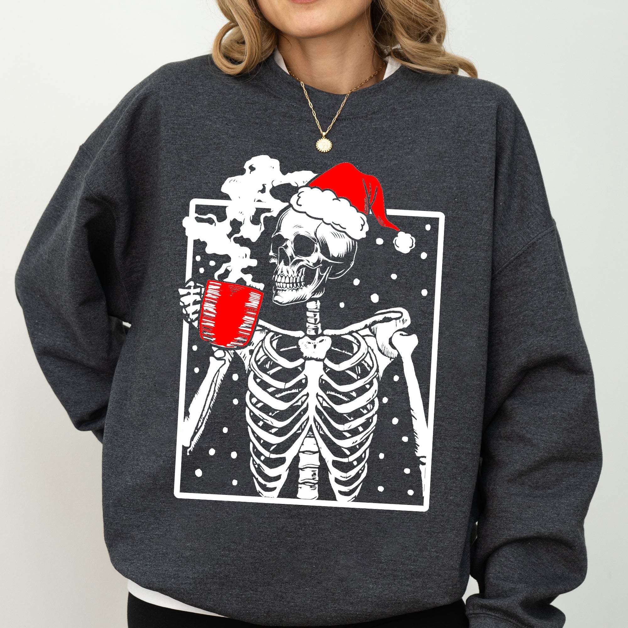 Coffee Lover Santa Skeleton Christmas Snow Winter Xmas Festive Latte Edition Sweatshirt