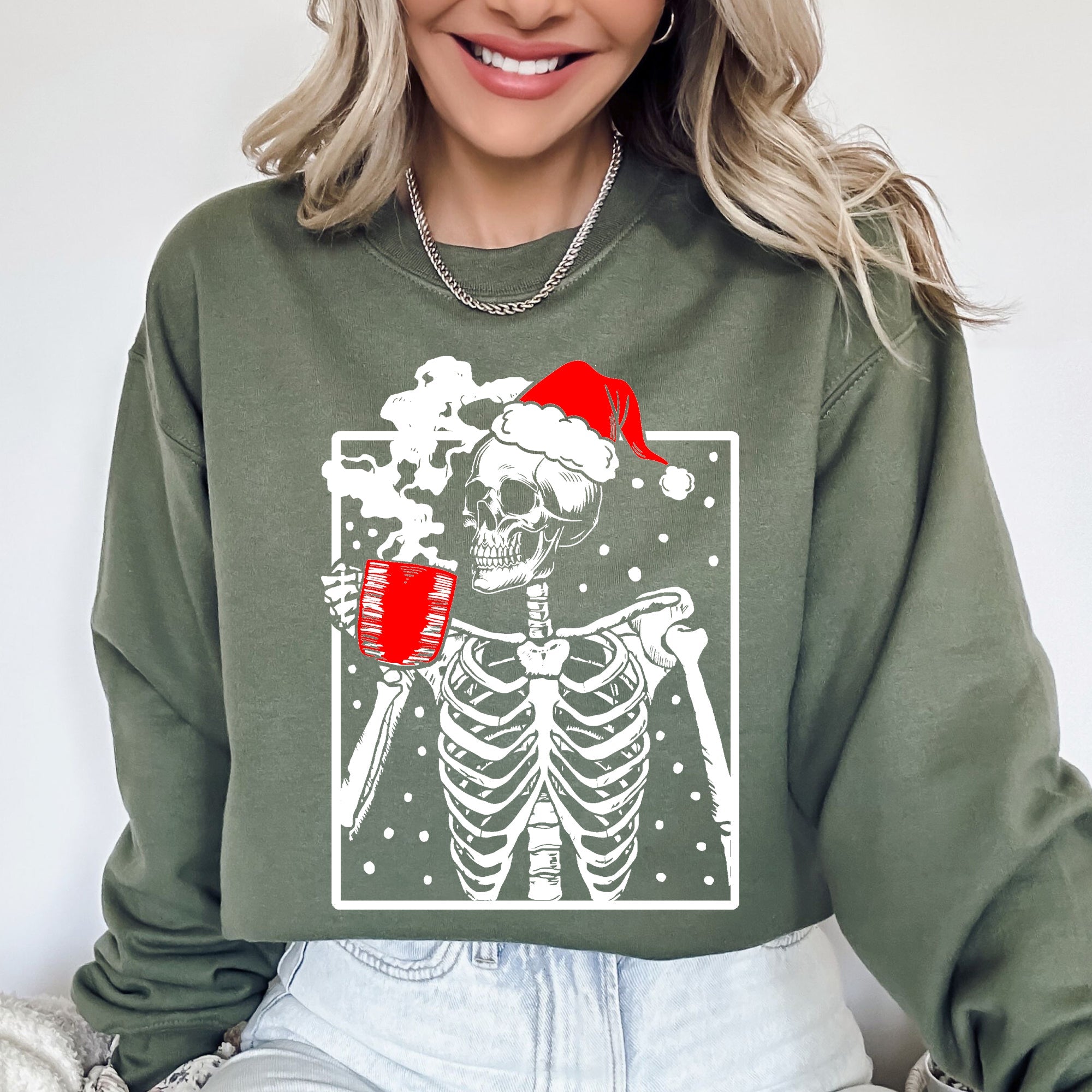 Coffee Lover Santa Skeleton Christmas Snow Winter Xmas Festive Latte Edition Sweatshirt