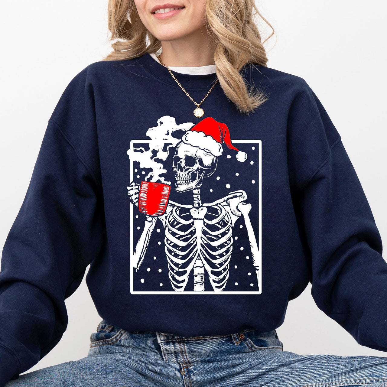 Coffee Lover Santa Skeleton Christmas Snow Winter Xmas Festive Latte Edition Sweatshirt