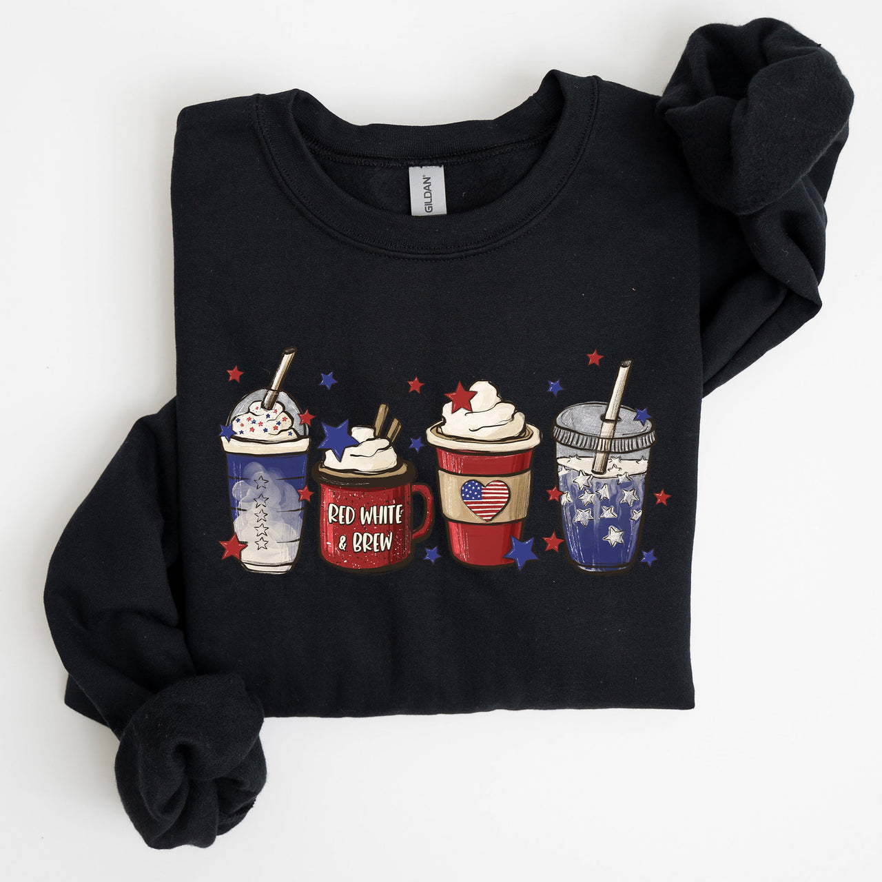 Coffee Lovers America Patriotic 4th Of July Graphic Sweatshirt Cozy Soft Fleece Inside