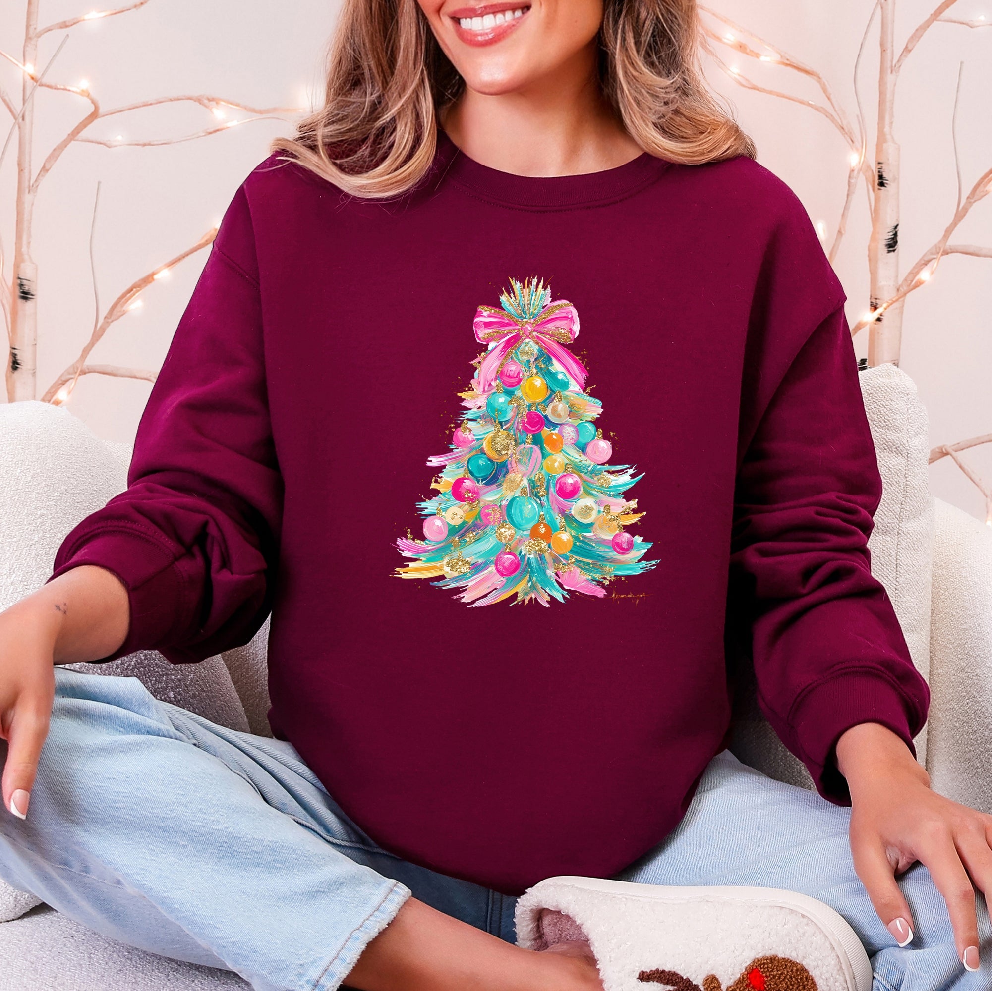 Colorful Christmas Tree Retro Graphic Artwork With Festive Motifs And Cozy Winter Vibes Sweatshirt