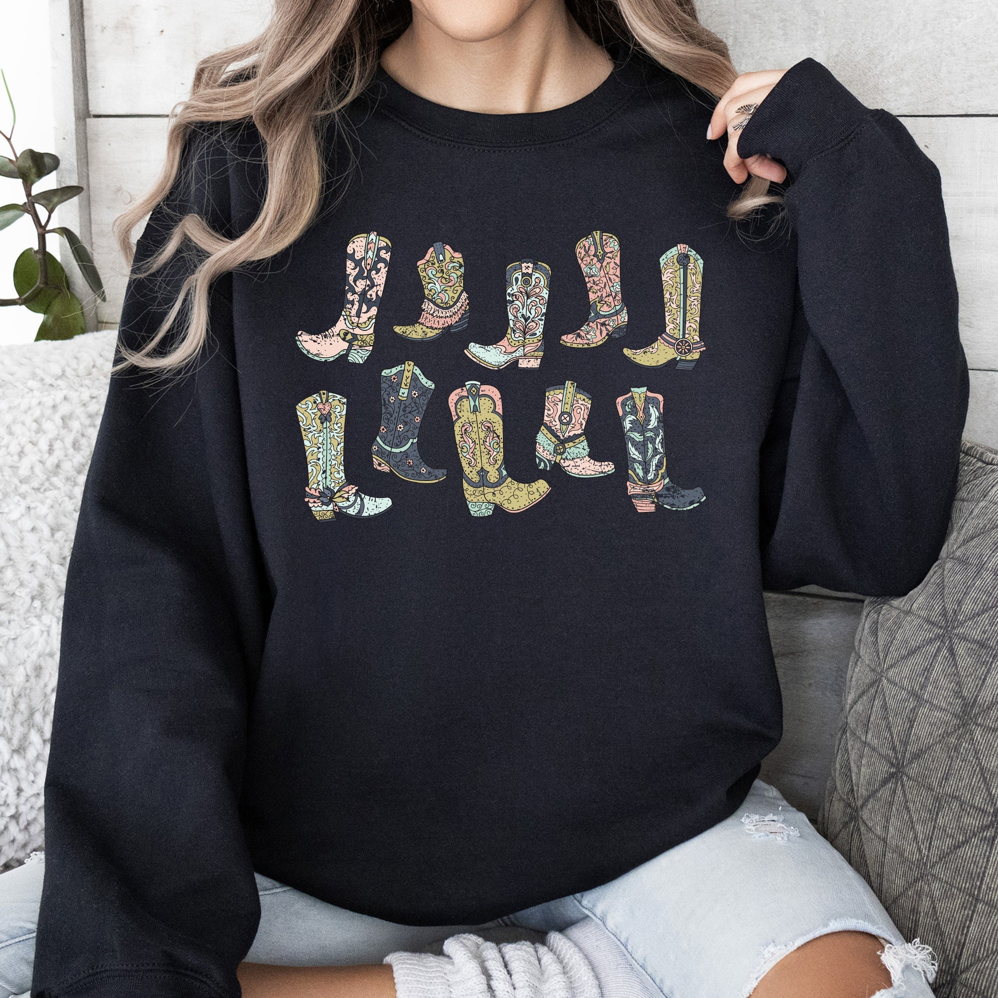 Colorful Cowboy Boots Western Cowgirl Country Vivid Graphic Artwork Celebrating Ranch Life and Sunset Trails Sweatshirt