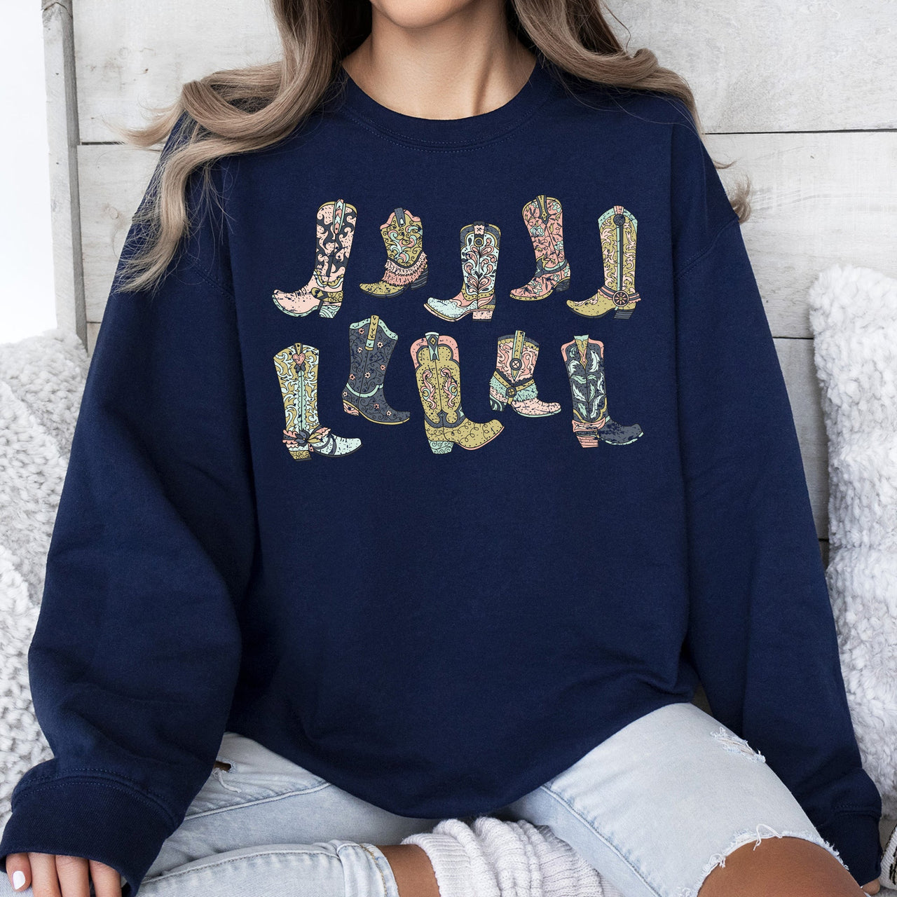 Colorful Cowboy Boots Western Cowgirl Country Vivid Graphic Artwork Celebrating Ranch Life and Sunset Trails Sweatshirt