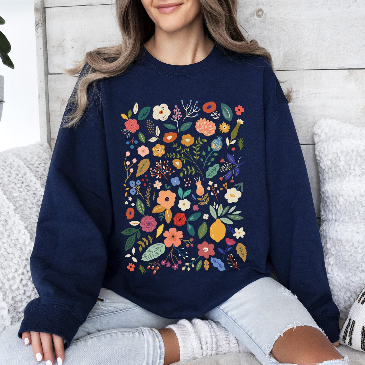 Colorful Delicate Floral Pattern With Leaves and Flowers All Over Graphic Sweatshirt