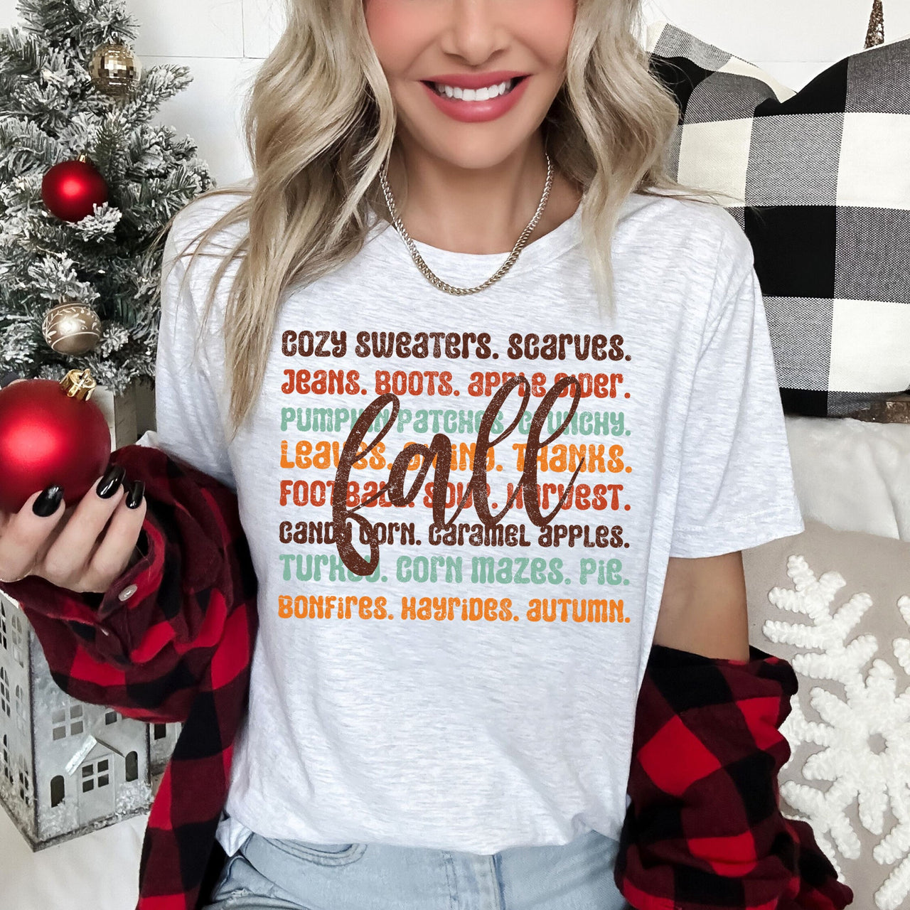 Colorful Fall Quote Autumn Leaves Hayride Cozy Scene Soft Cotton Comfortable Graphic Tee