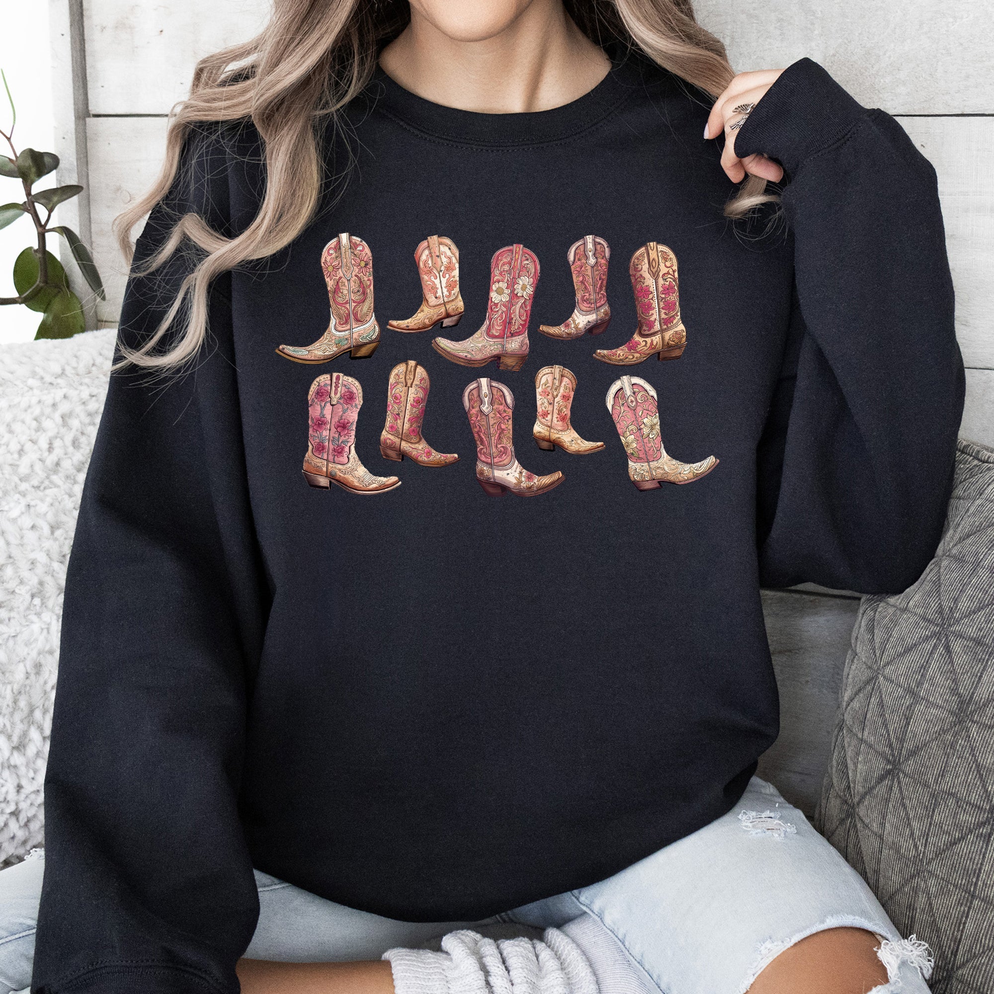 Colorful Pink Cowboy Boots Western Cowgirl Graphic Rodeo Spirit Pattern Sweatshirt
