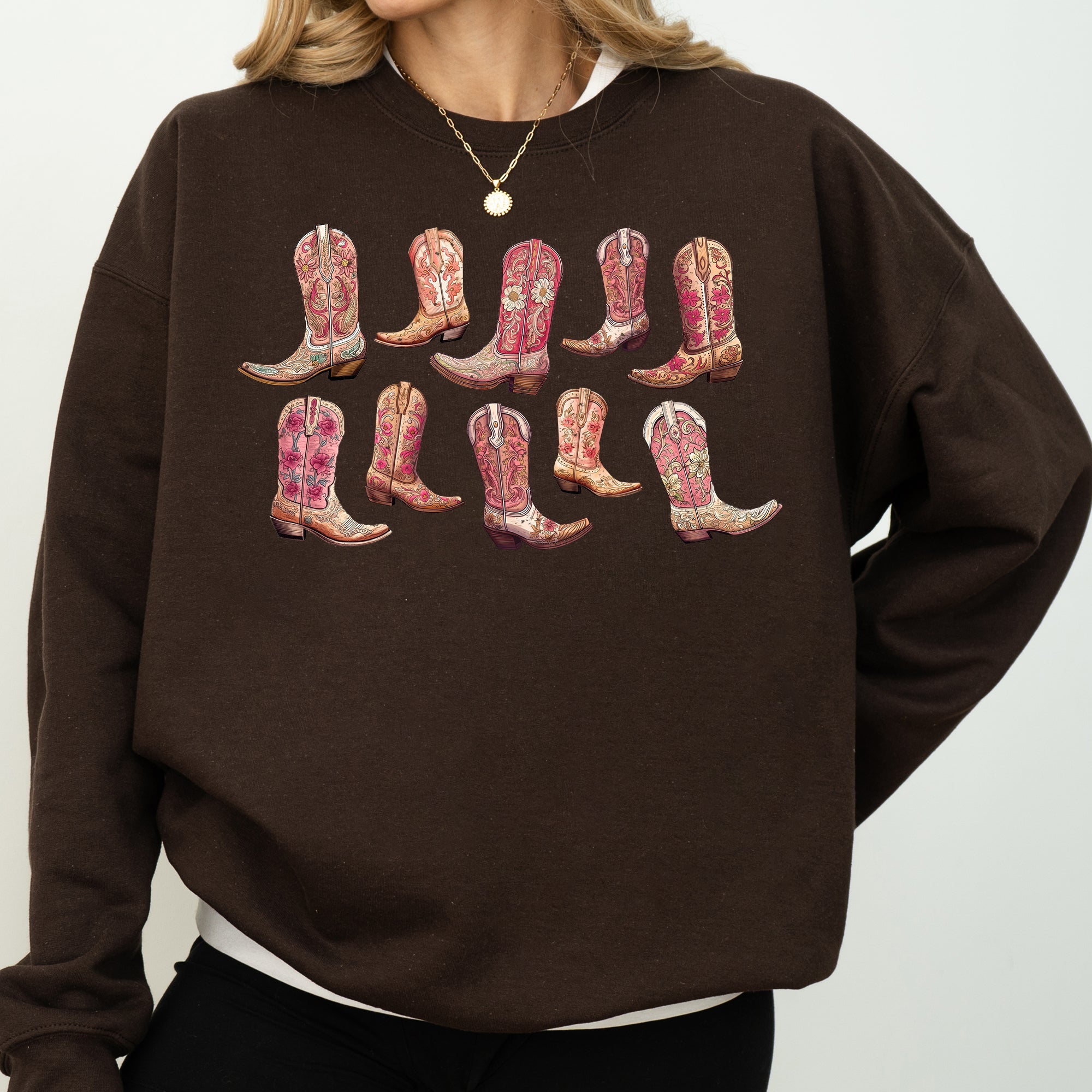 Colorful Pink Cowboy Boots Western Cowgirl Graphic Rodeo Spirit Pattern Sweatshirt