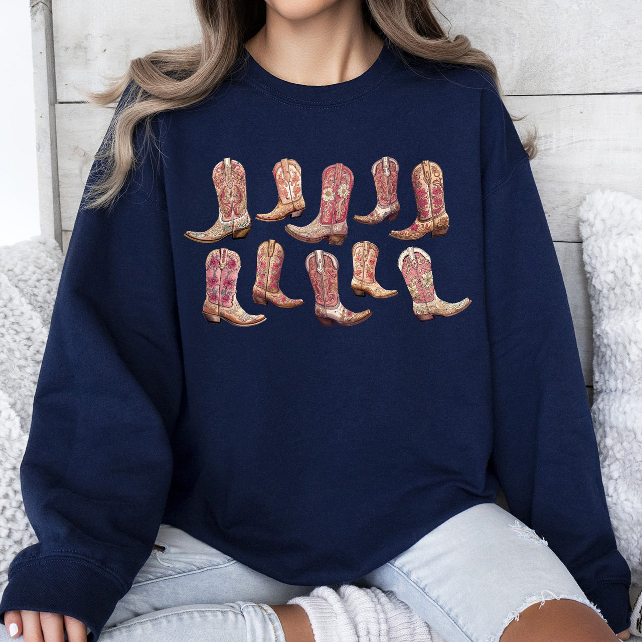 Colorful Pink Cowboy Boots Western Cowgirl Graphic Rodeo Spirit Pattern Sweatshirt