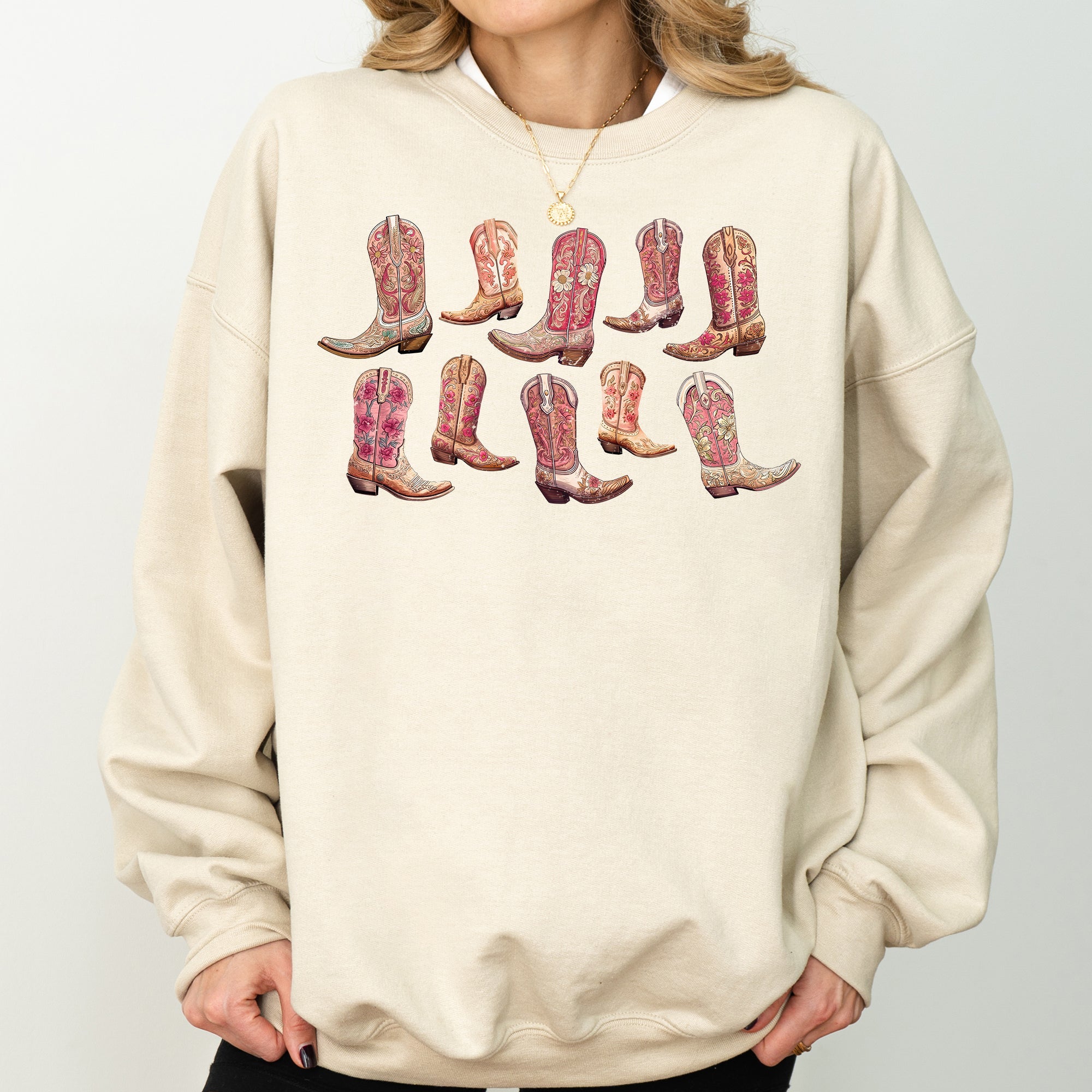 Colorful Pink Cowboy Boots Western Cowgirl Graphic Rodeo Spirit Pattern Sweatshirt
