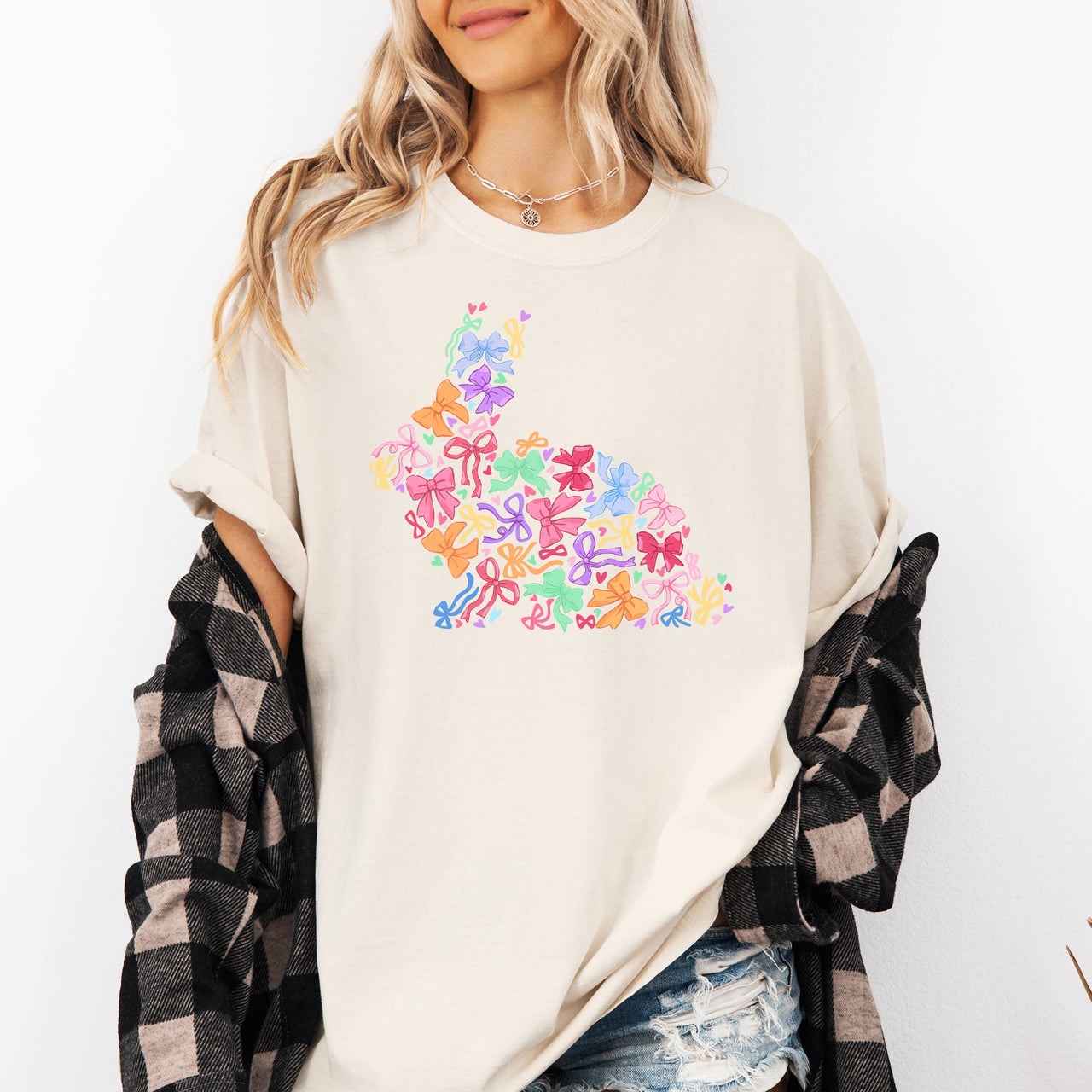 Colorful Ribbons Easter Bunny Jesus Holiday Scene With Classic Religious Imagery Comfort Colors Tee