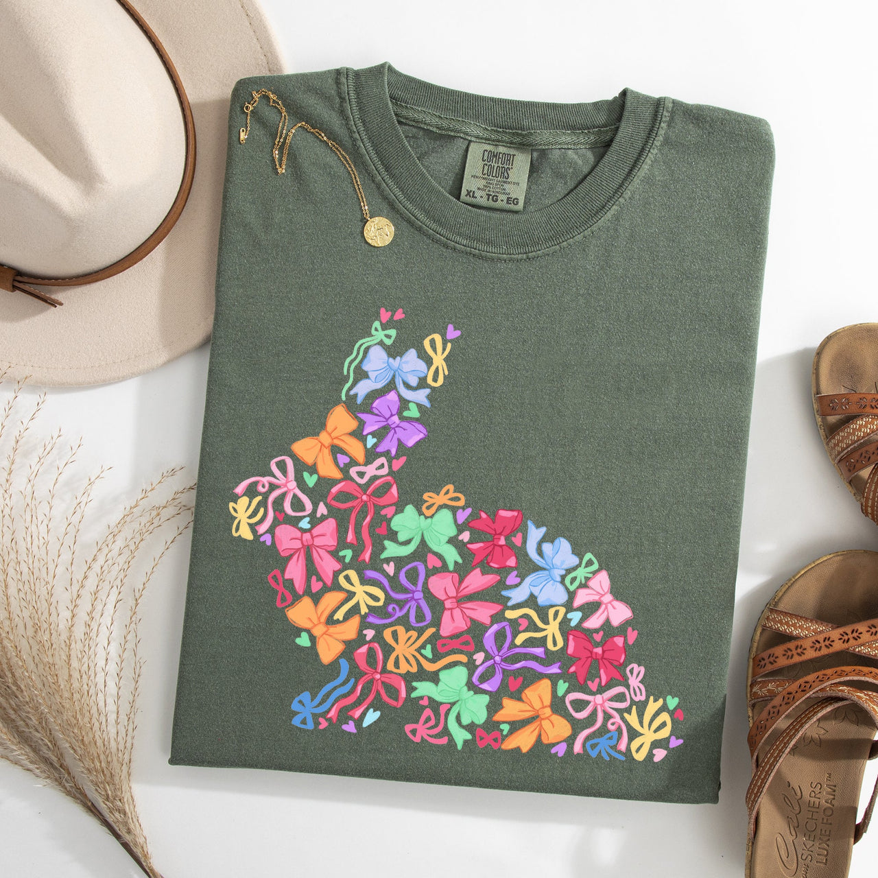 Colorful Ribbons Easter Bunny Jesus Holiday Scene With Classic Religious Imagery Comfort Colors Tee