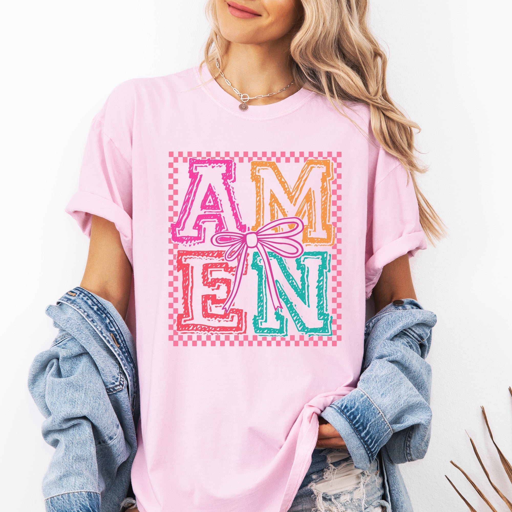 Colorful Amen Bows Coquette Christian Jesus Gospel Faith Saved Comfort Colors Tee